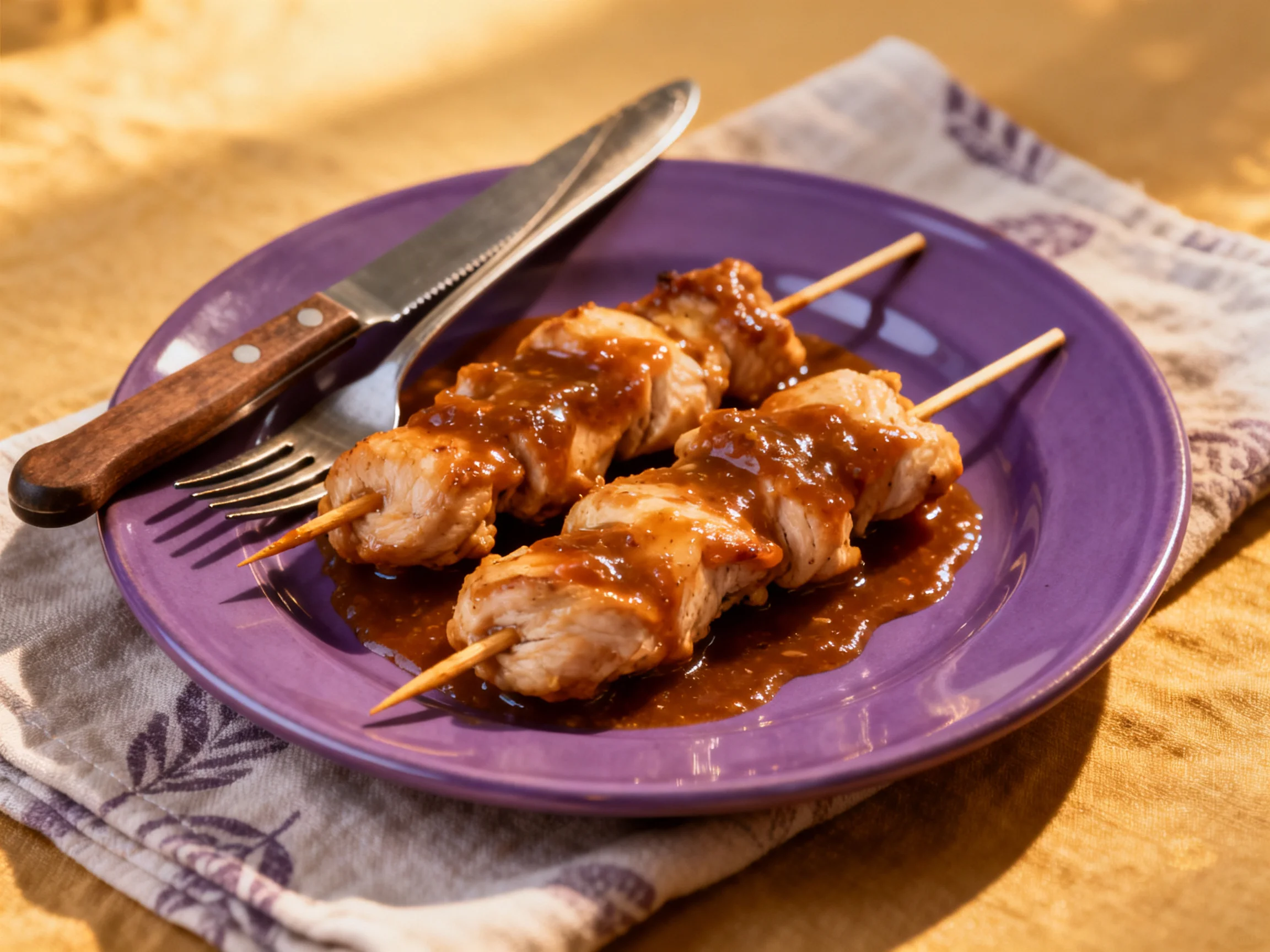 Two chicken skewers with brown sauce on a purple plate