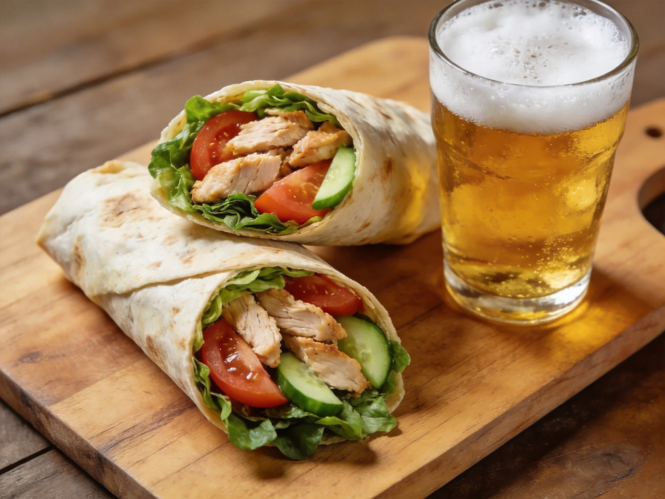 Two chicken wrap sandwiches with fresh veggies beside a frothy beer