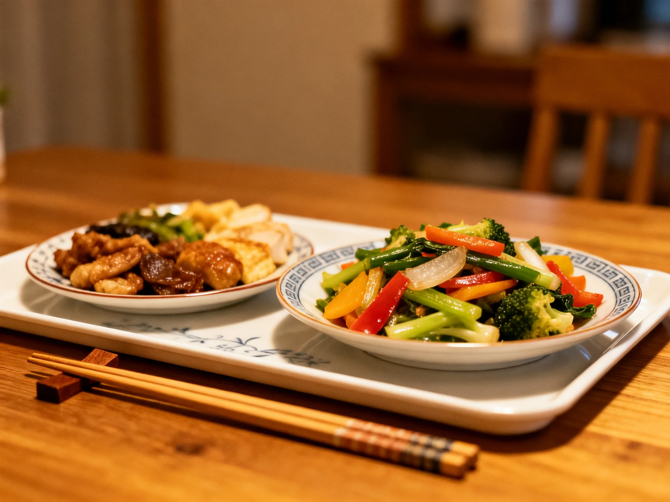 Two colorful Asian dishes served on a rectangular tray