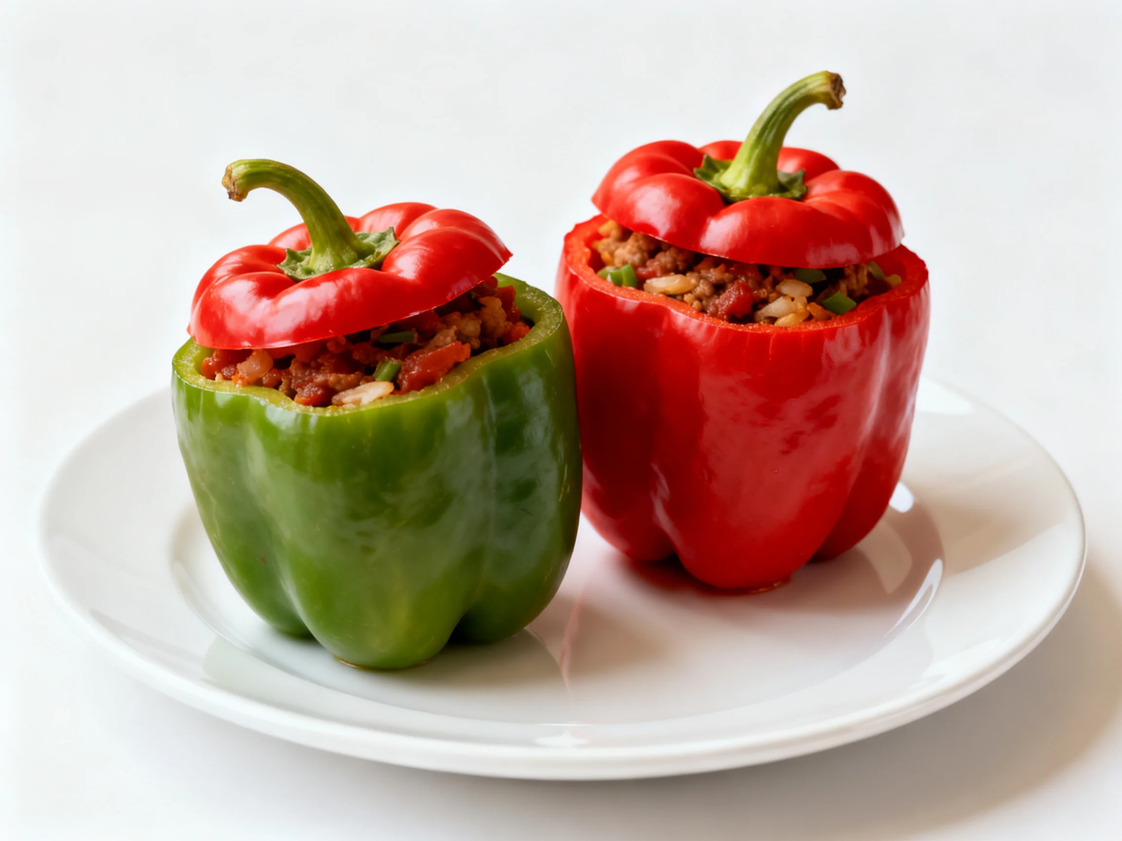 Two colorful stuffed bell peppers, one green and one red, sit on a white plate.
