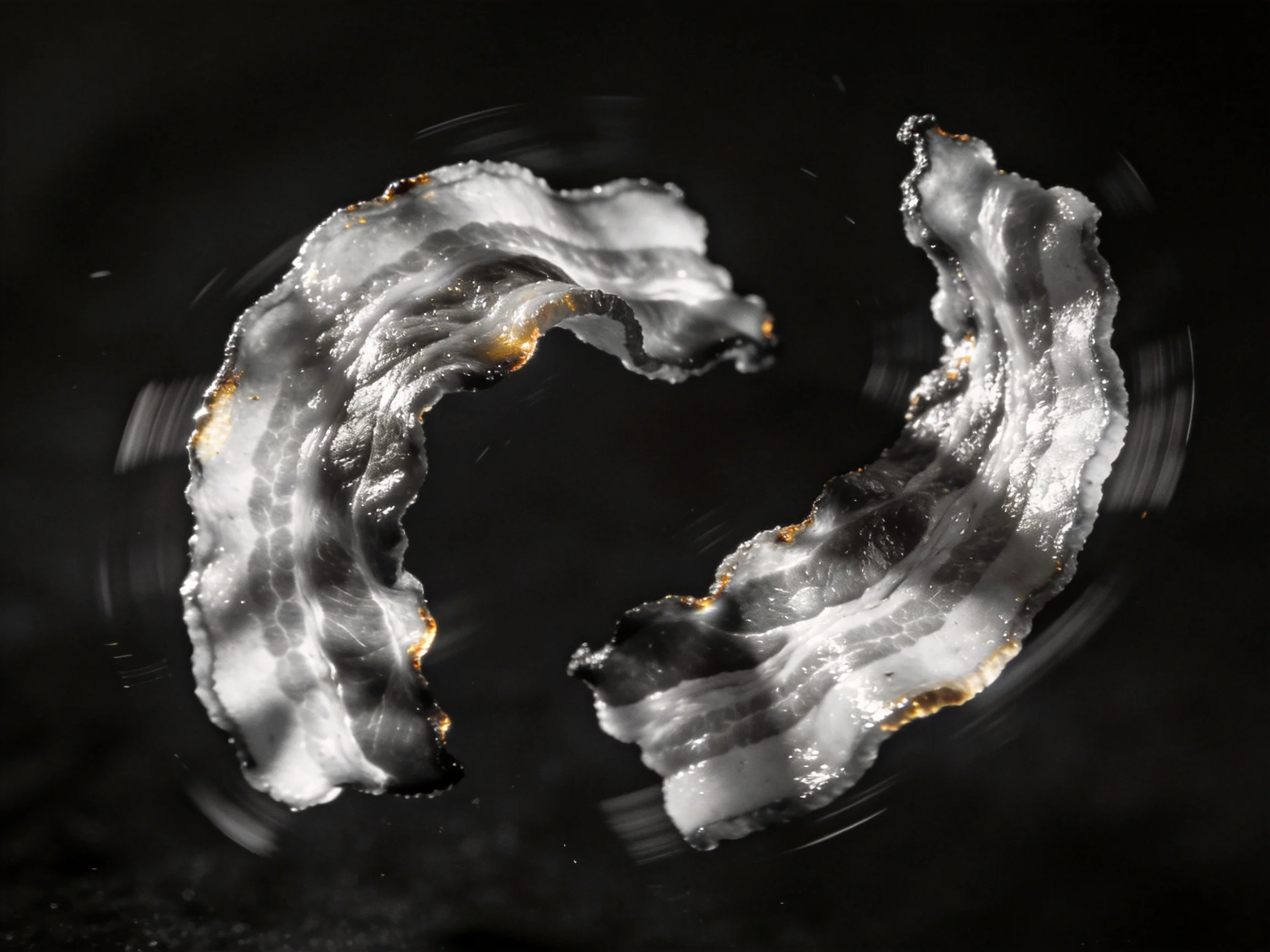 Two cooked bacon strips with crispy edges float in a dark setting