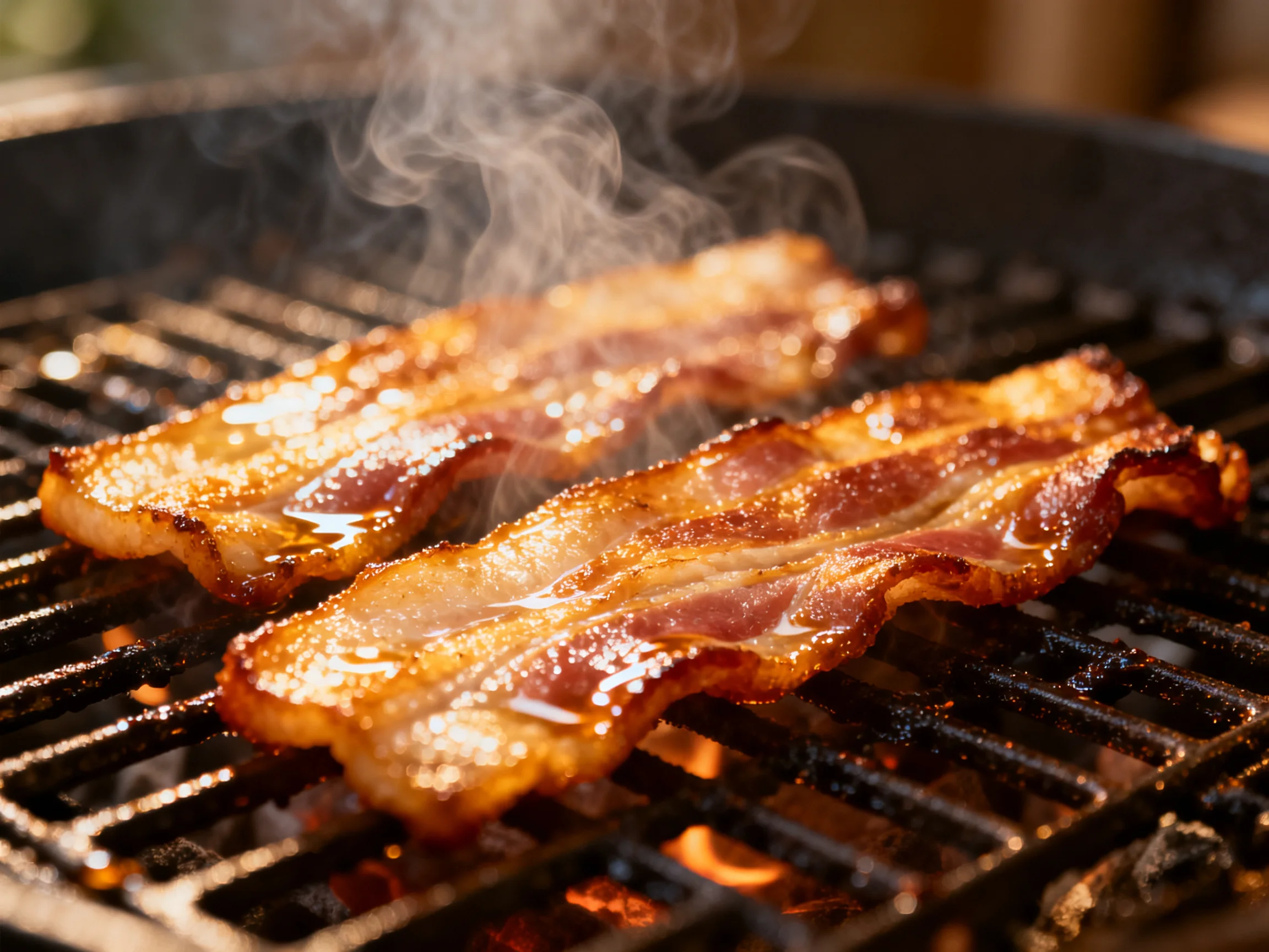 Crispy bacon strips cook over a flaming grill.
