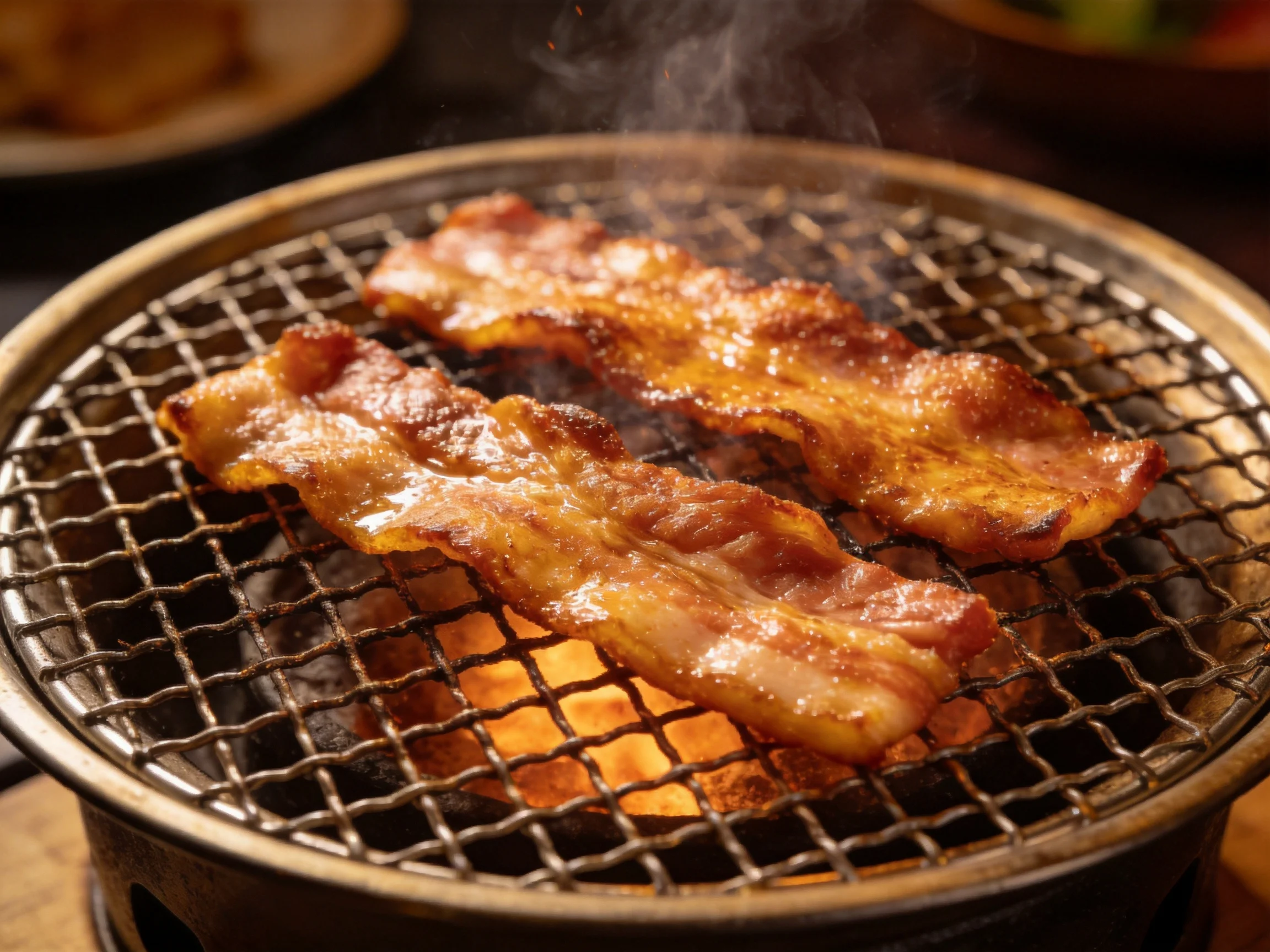 Two crispy bacon strips sizzling over glowing embers