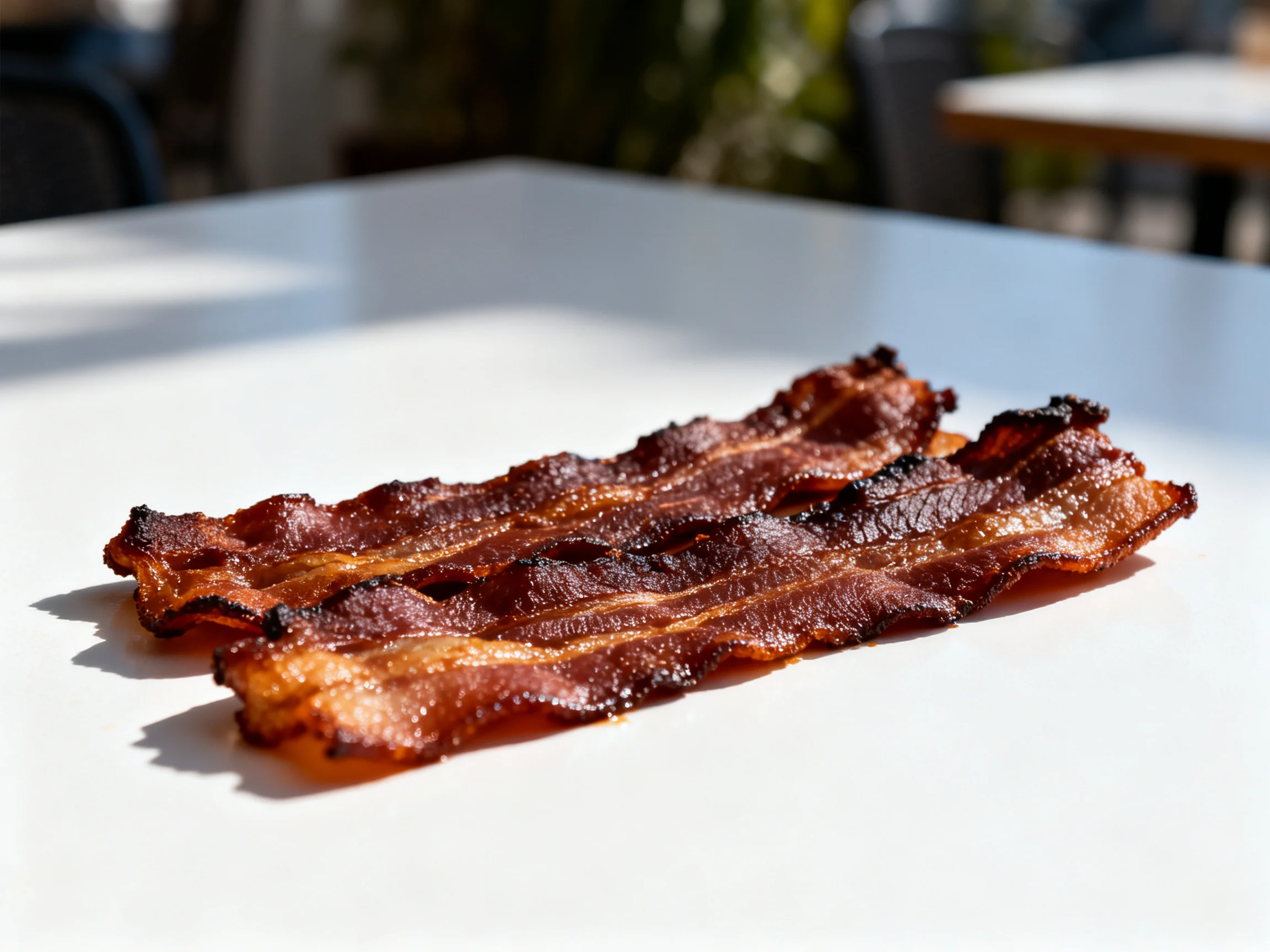 Two crispy brown bacon strips on a white outdoor table