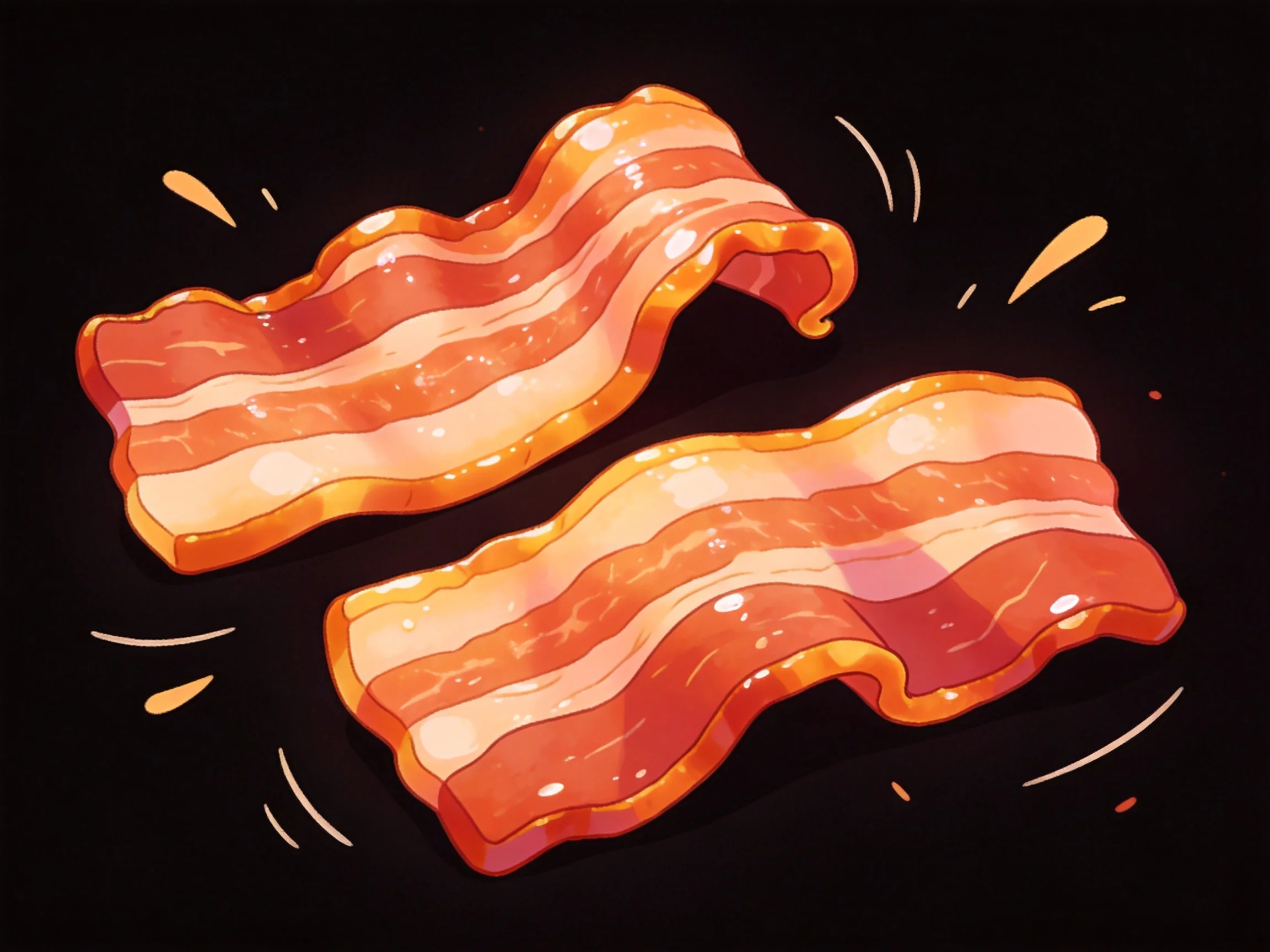 Two crispy golden - brown bacon strips with vibrant red hues