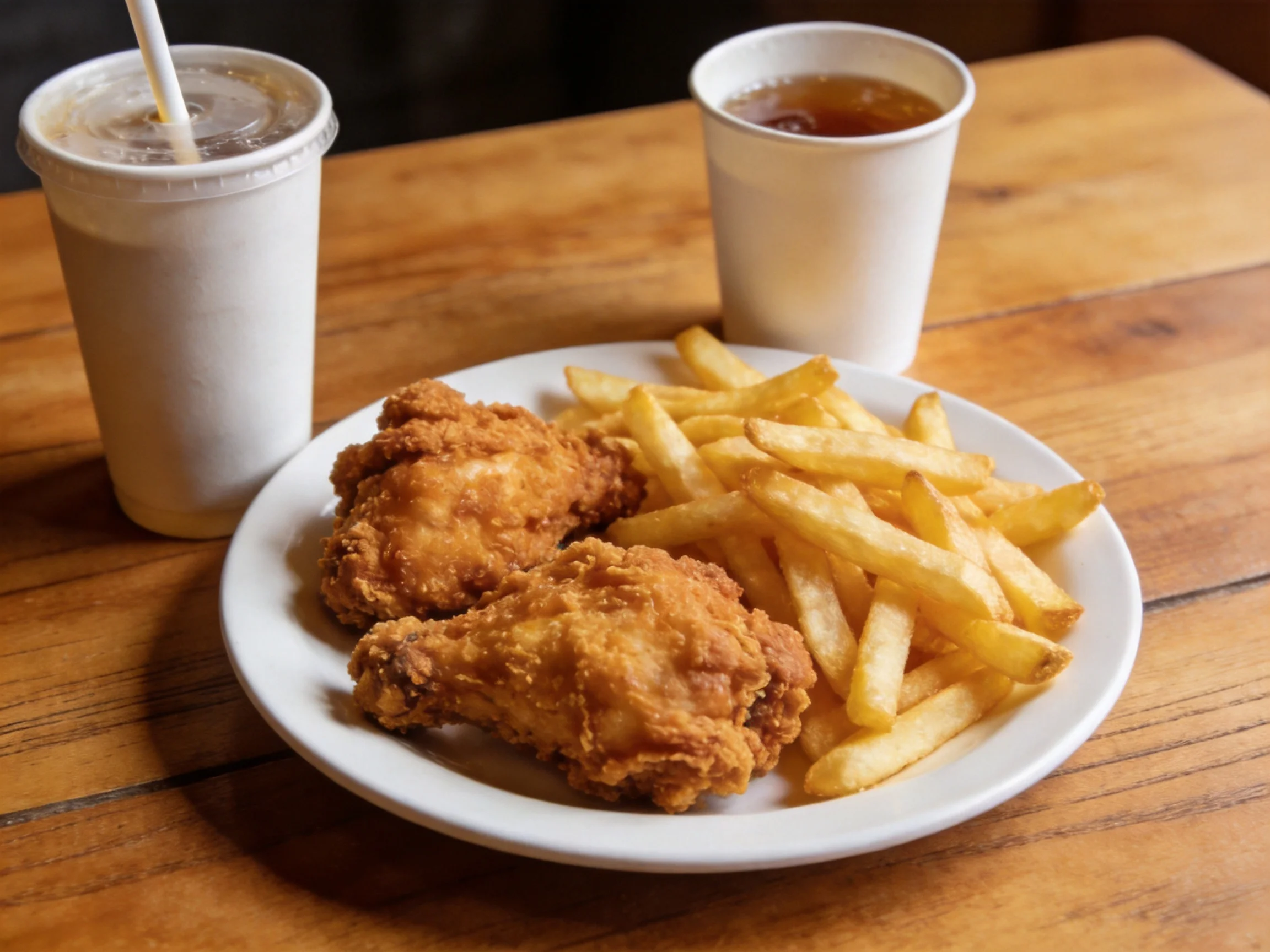 Two cups of drinks sit beside a plate of fried chicken and French fries