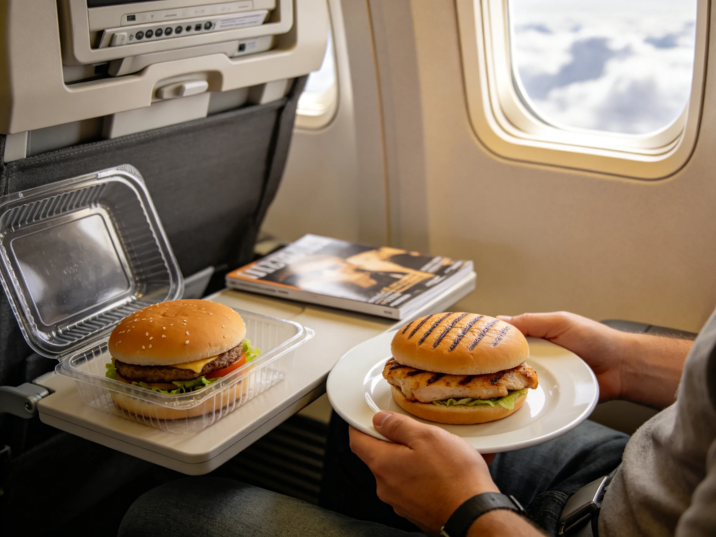 Two distinct burgers served on airplane tray tables