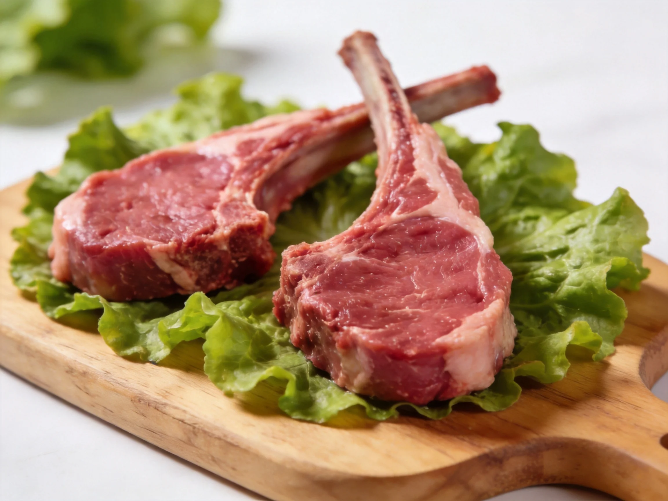 Two fresh lamb chops on green lettuce atop a wooden cutting board