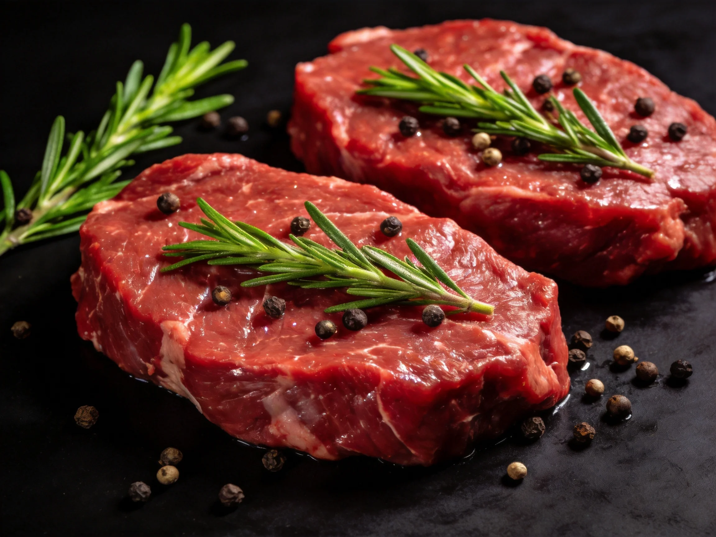 Two fresh raw steaks garnished with rosemary and peppercorns