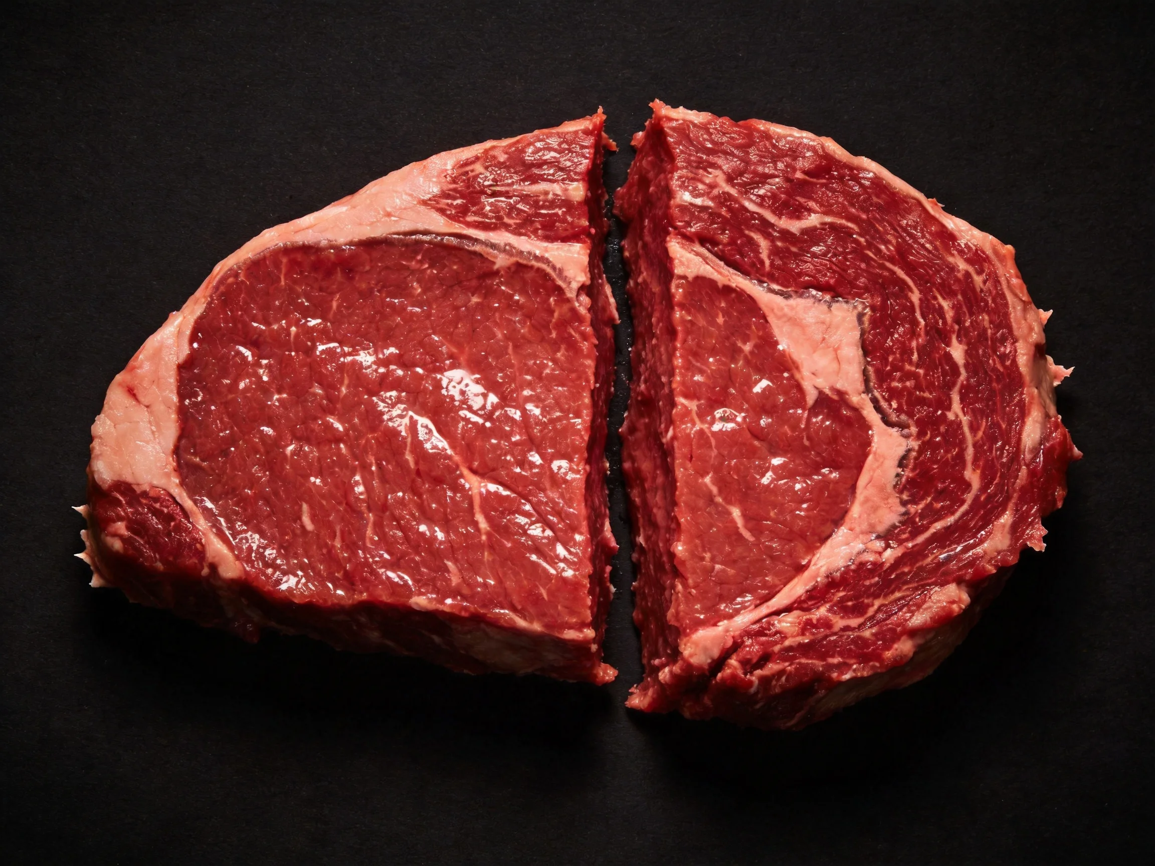 Two fresh red marbled beef steaks separated into two halves