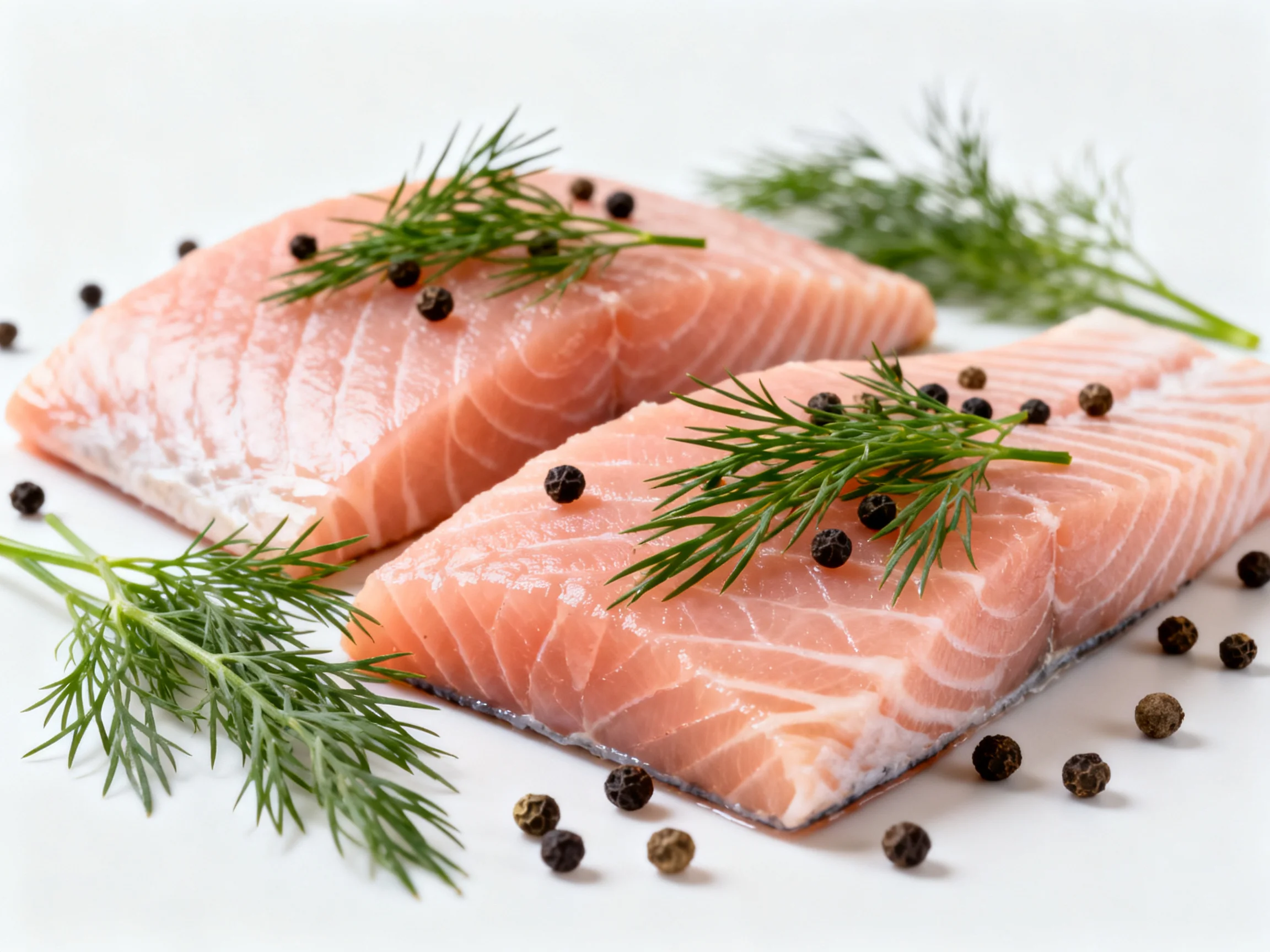 Two fresh salmon fillets garnished with dill and black peppercorns