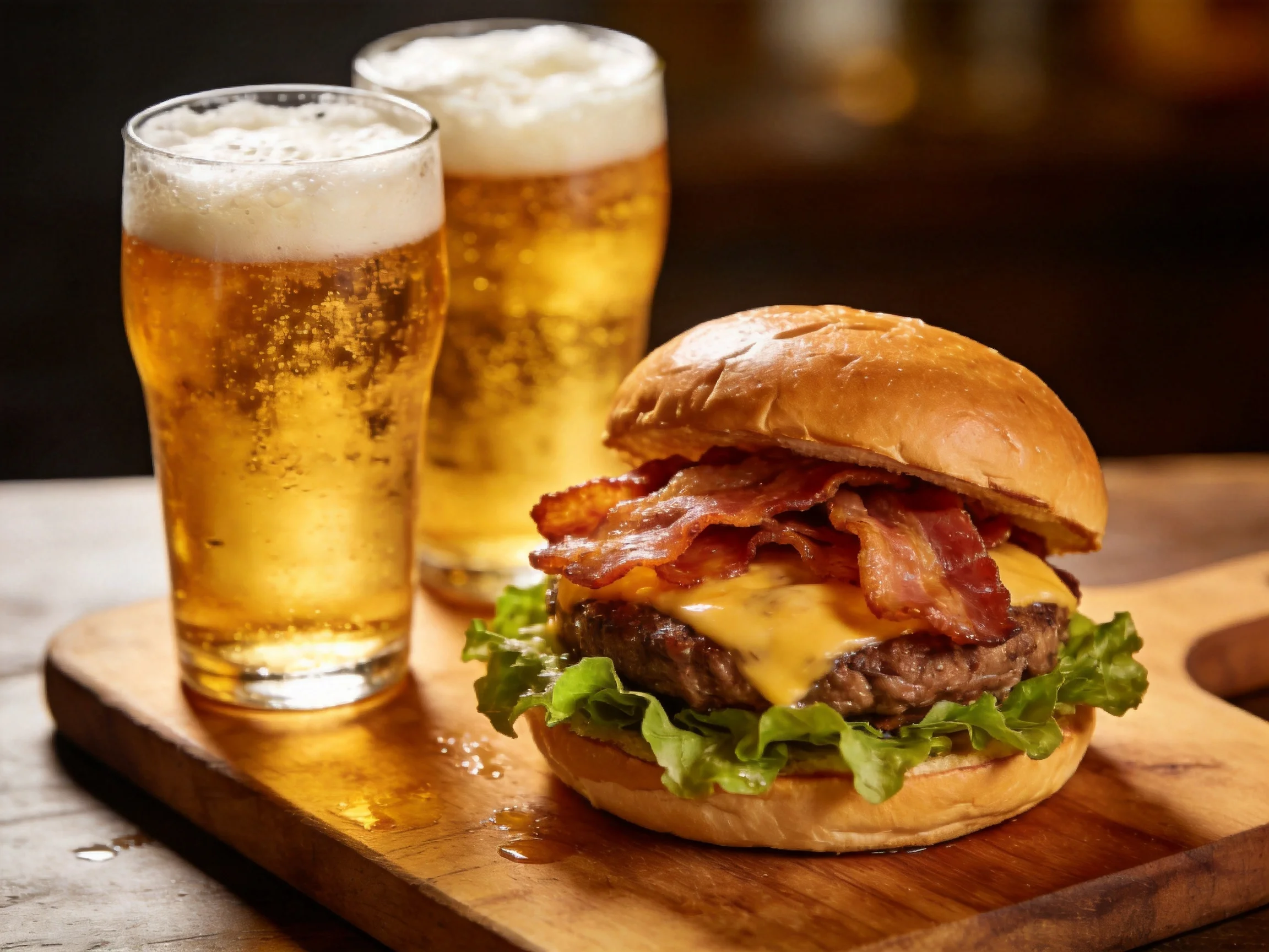 Two frothy beers beside a loaded bacon cheeseburger on a wooden board