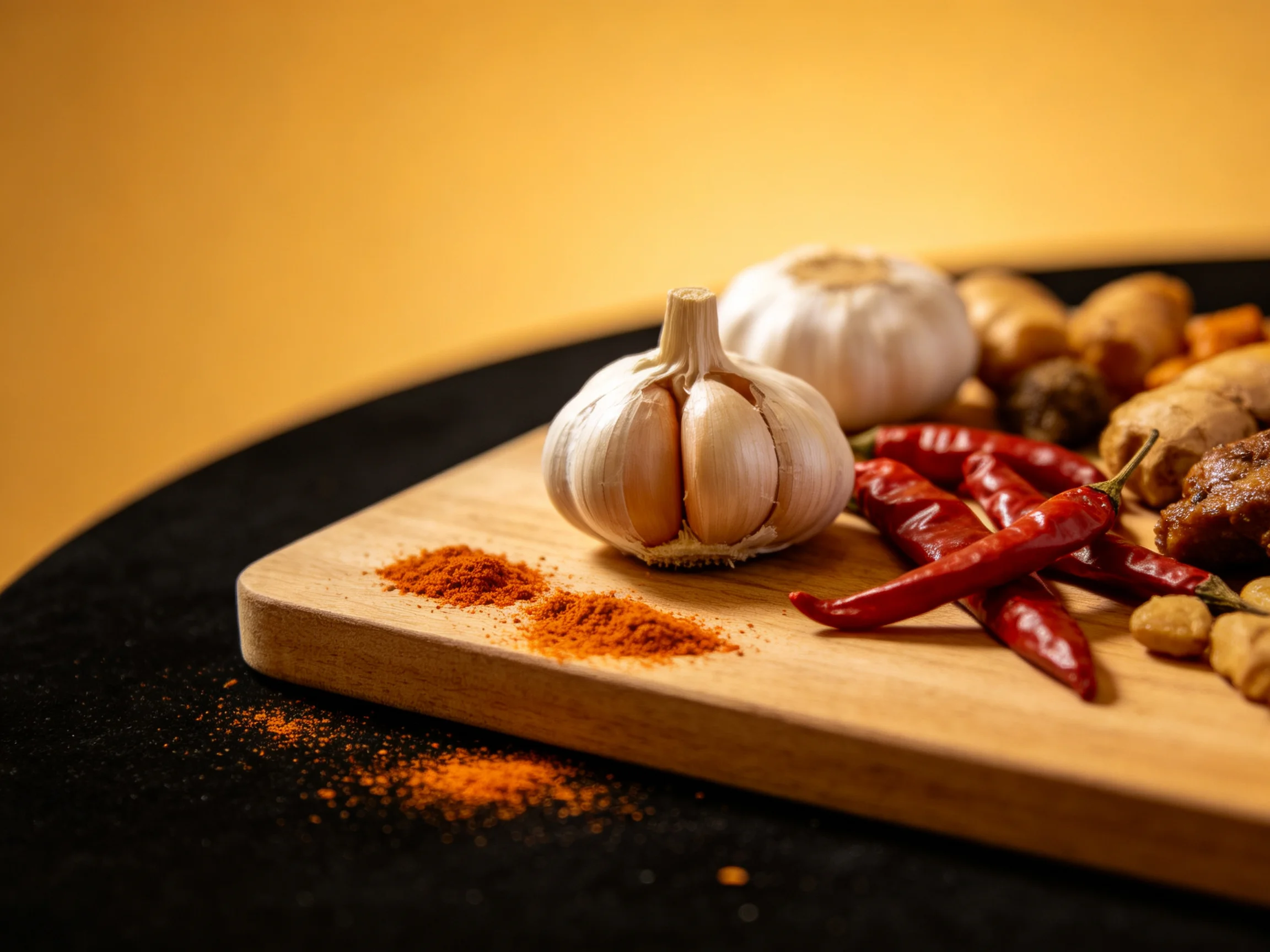 Two garlic bulbs, red chilies, spices, ginger, and peanuts on a wooden board