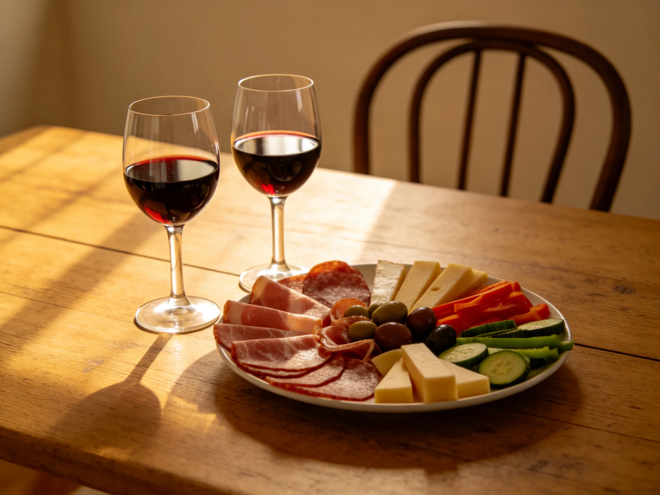 Two glasses of redwine sit beside a charcuterie platter with meats and cheeses