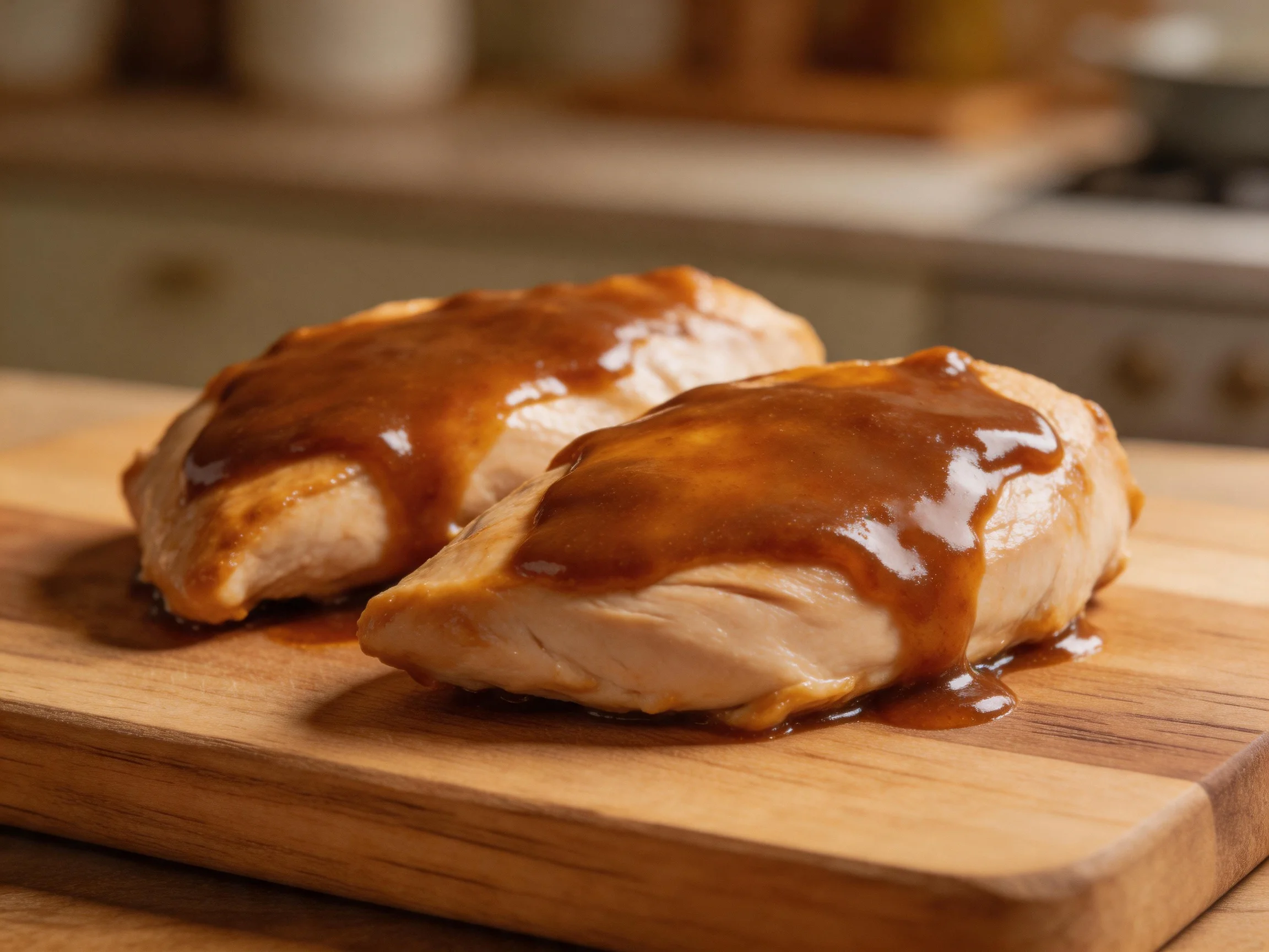 Two glazed chicken breasts rest on a wooden cutting board