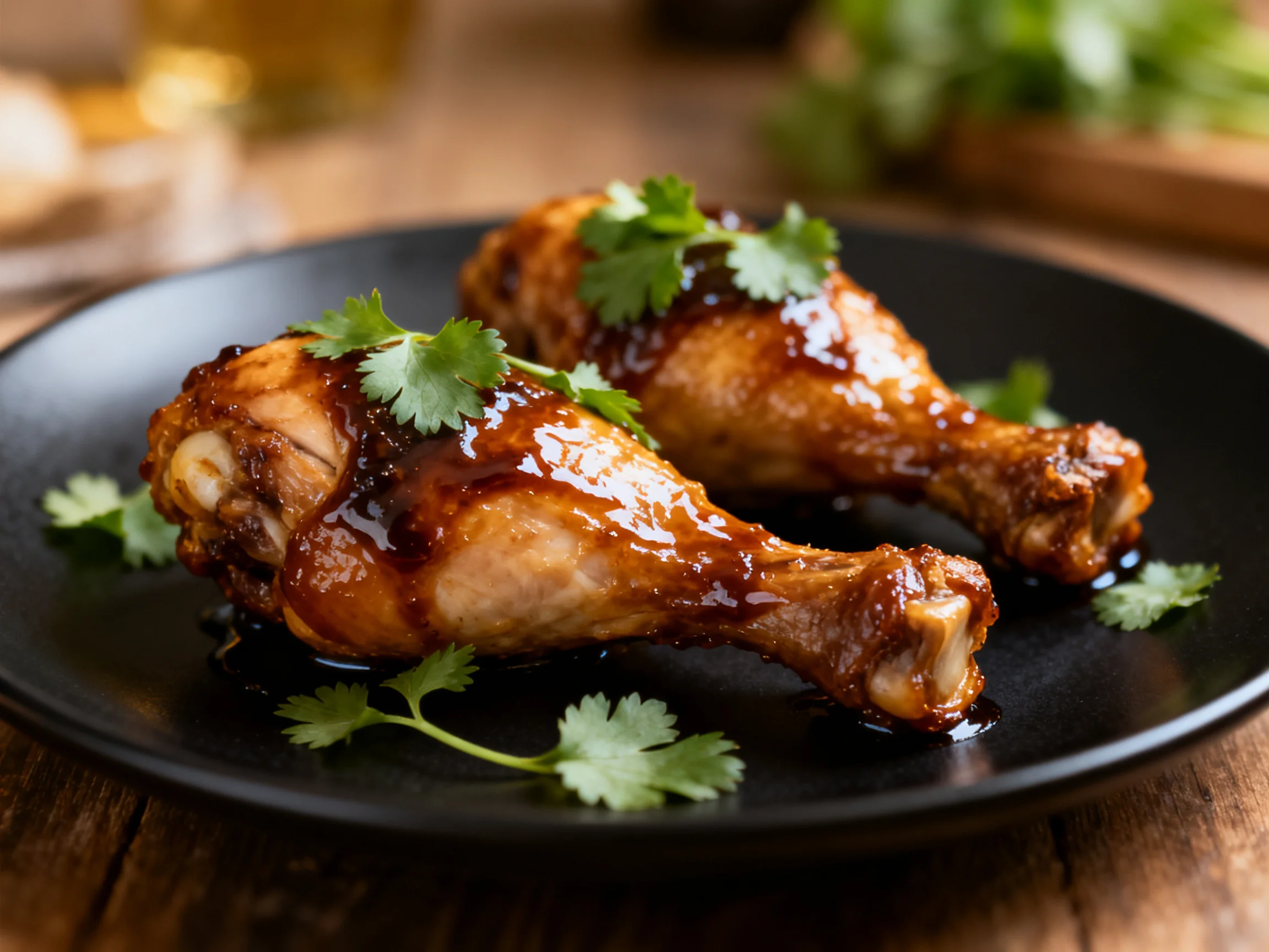 Two glazed chicken drumsticks garnished with fresh cilantro on a black plate