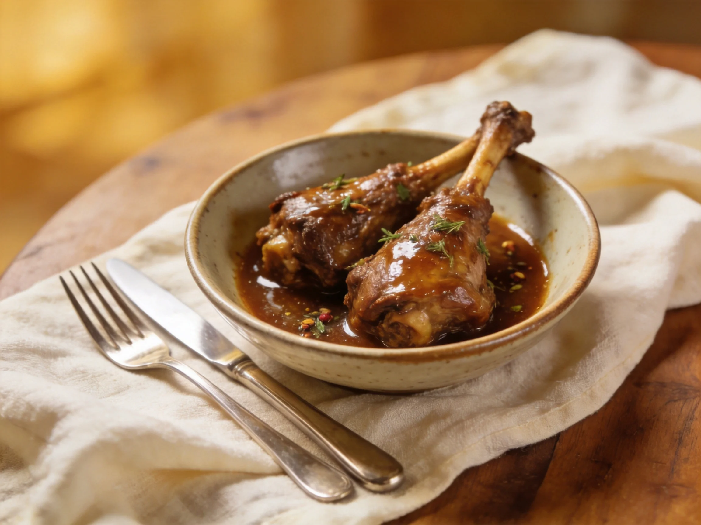 Two glazed meat legs in a rustic ceramic bowl with rich sauce