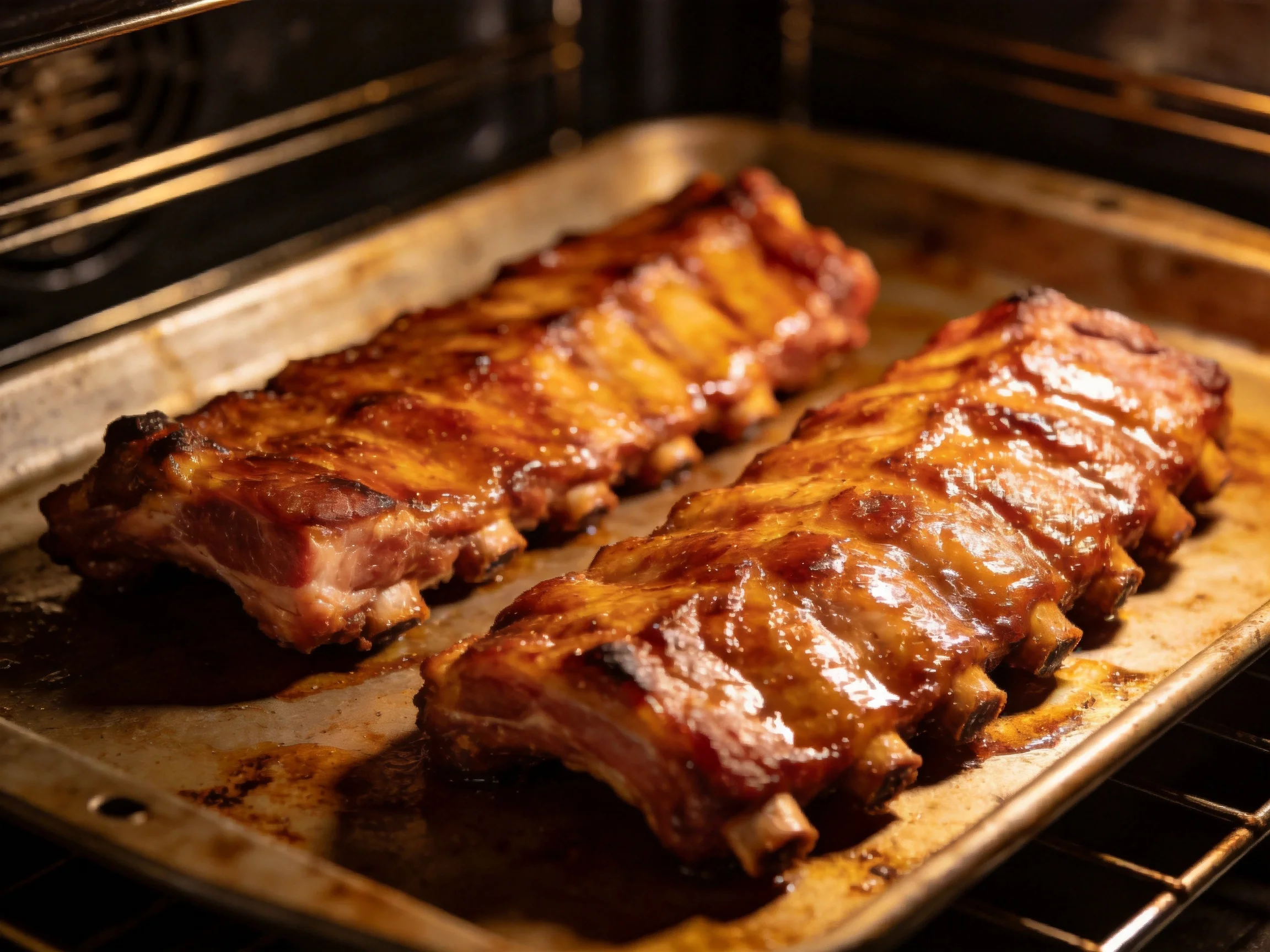 Two glazed pork rib racks baking in an oven
