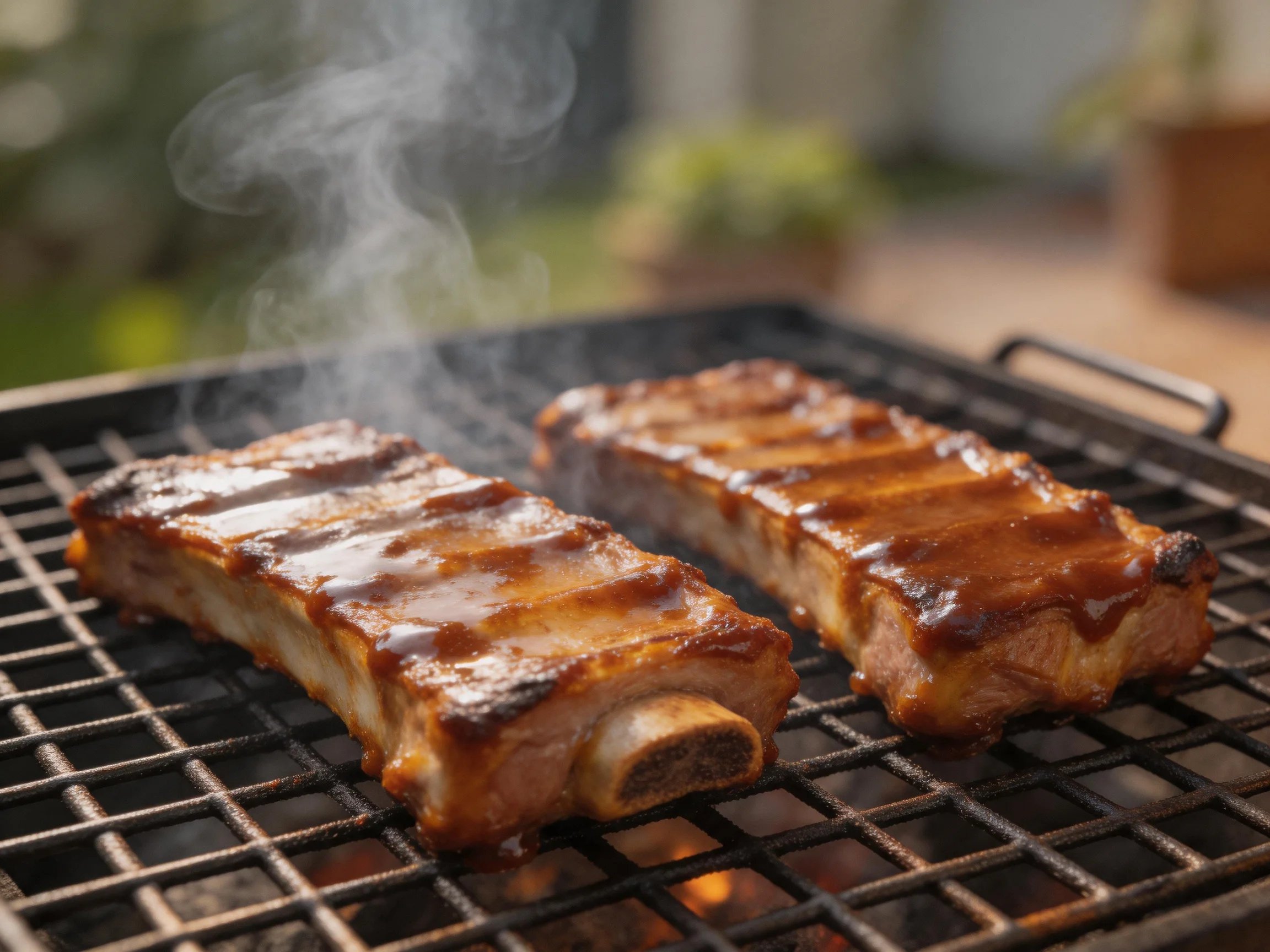 Two glazed pork ribs cook on a black charcoal grill with rising smoke