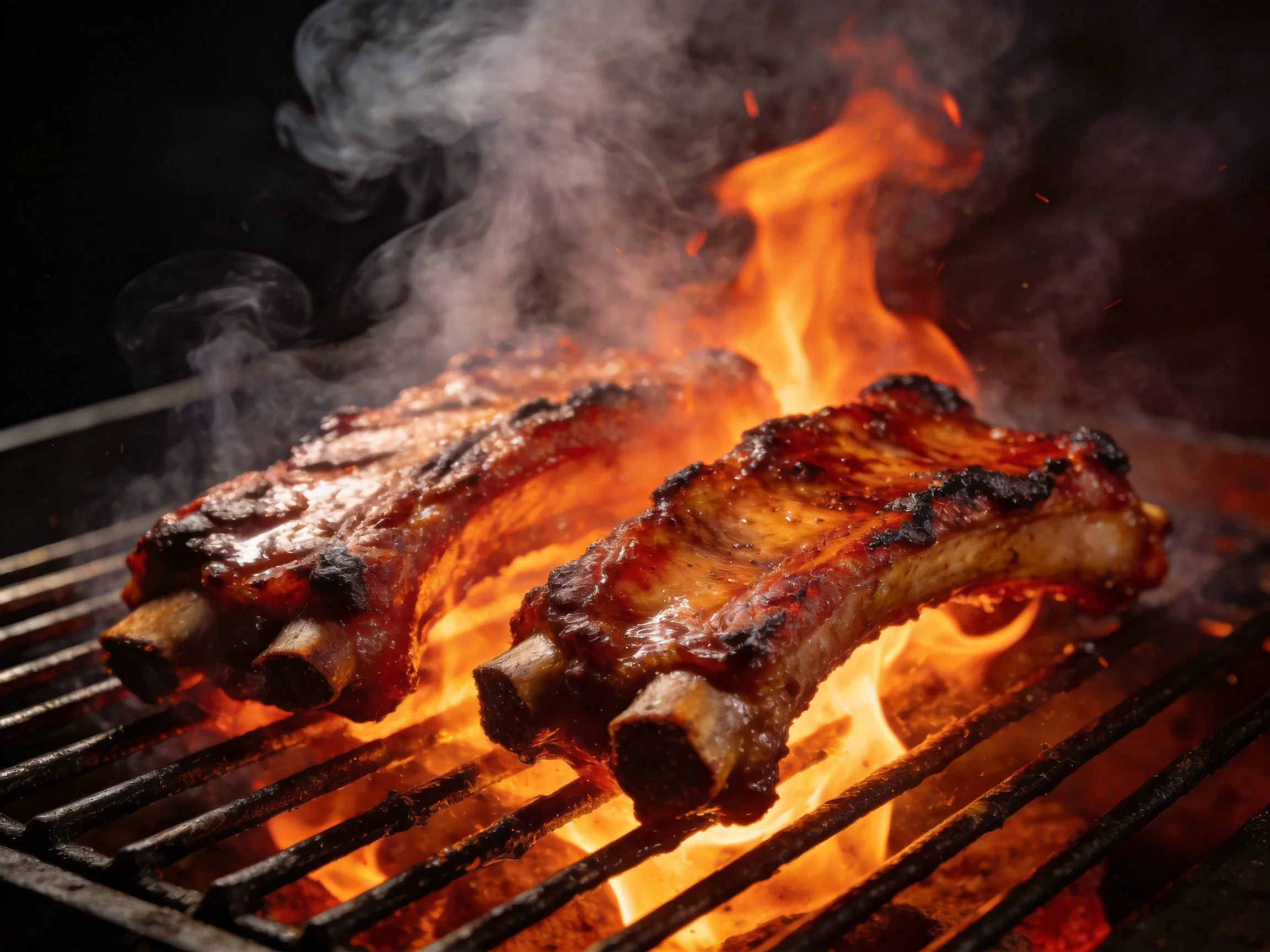 Two glazed pork ribs grilling over bright flames with smoke