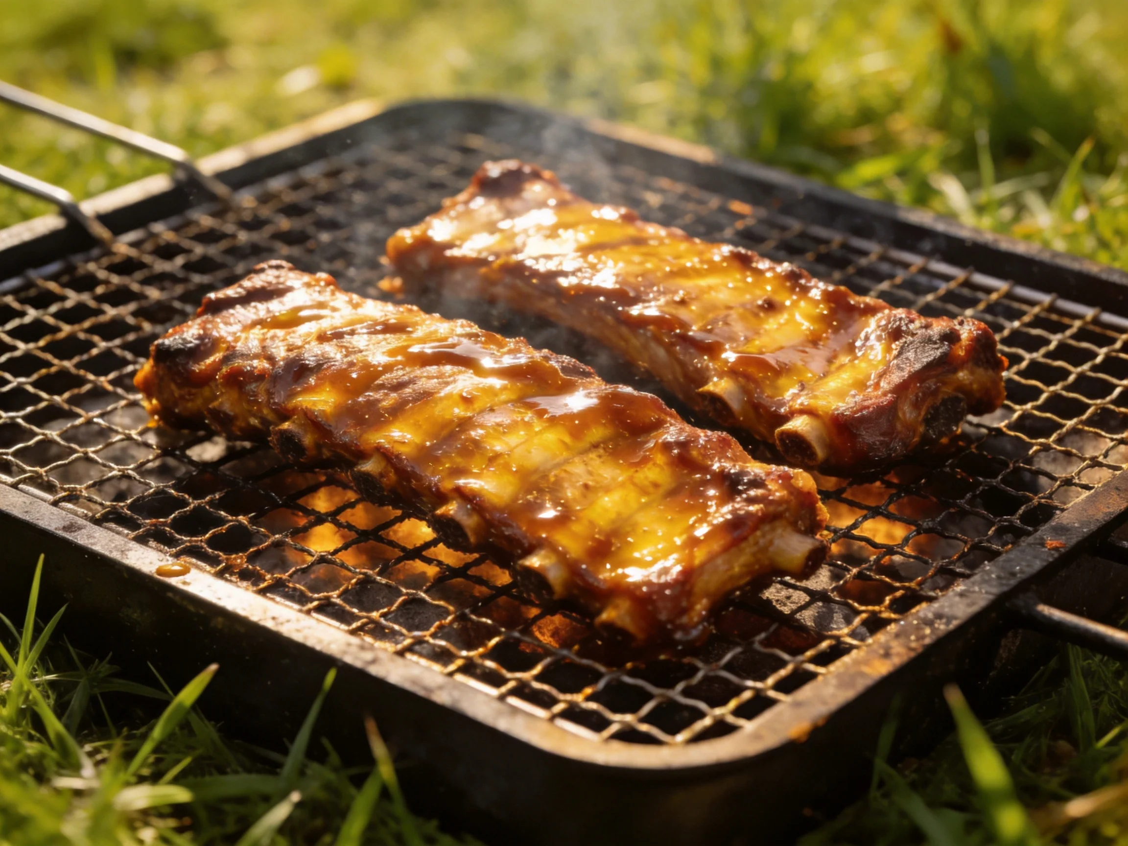 Two glazed pork ribs sizzling on an outdoor charcoal grill