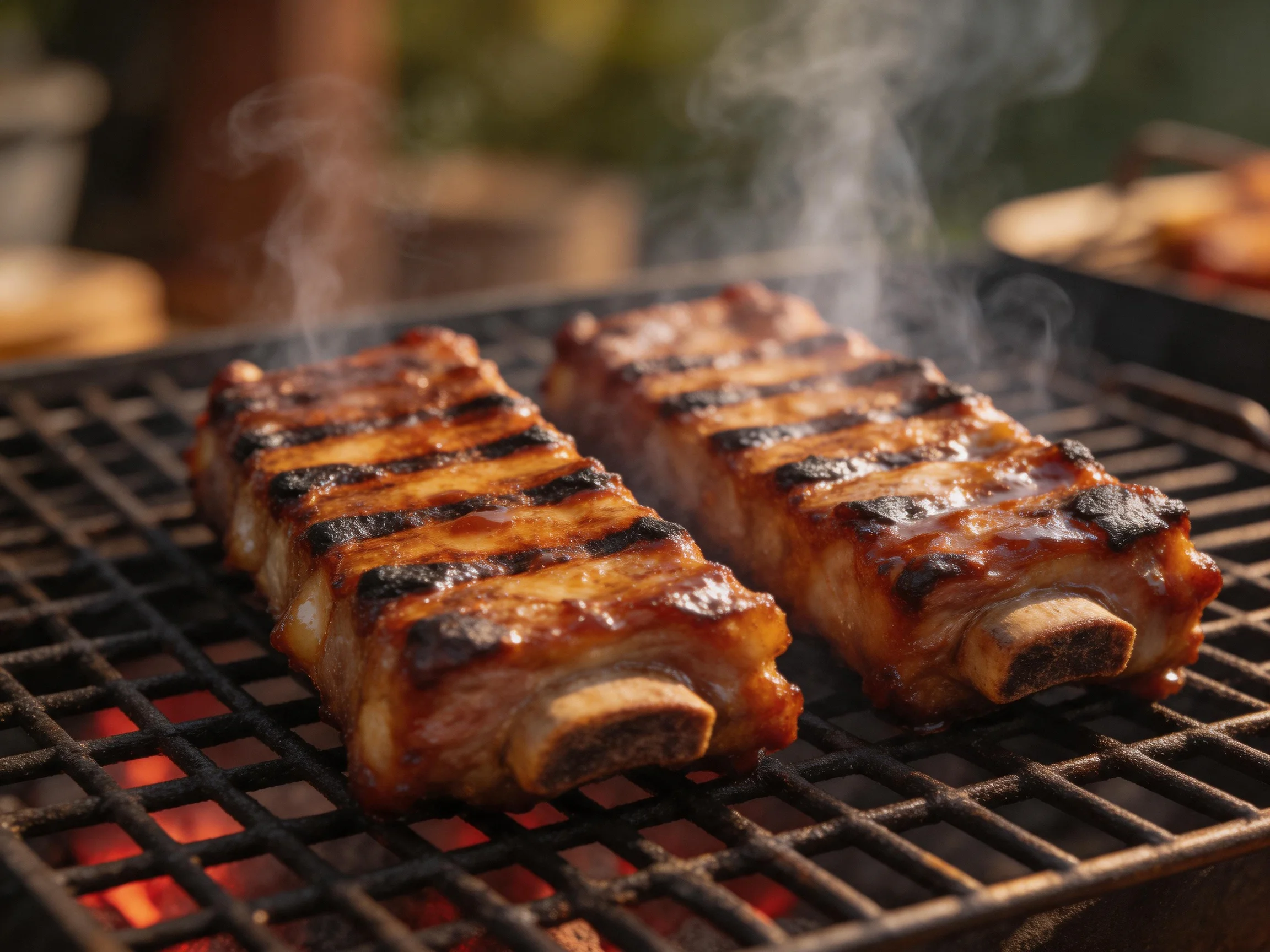 Two glazed pork ribs sizzling over charcoal on a black grill