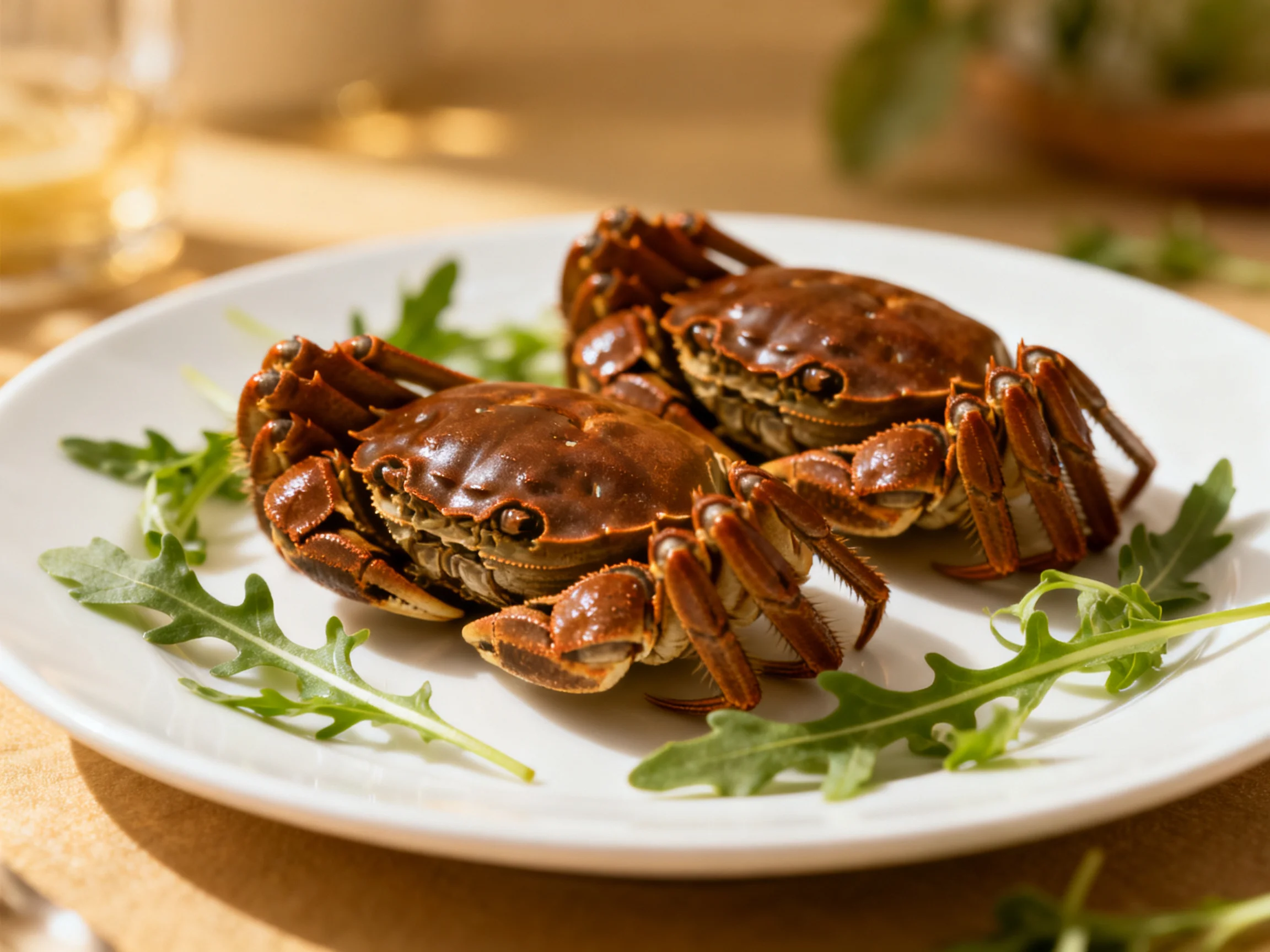 Two glossy brown crabs served on a white plate with greens