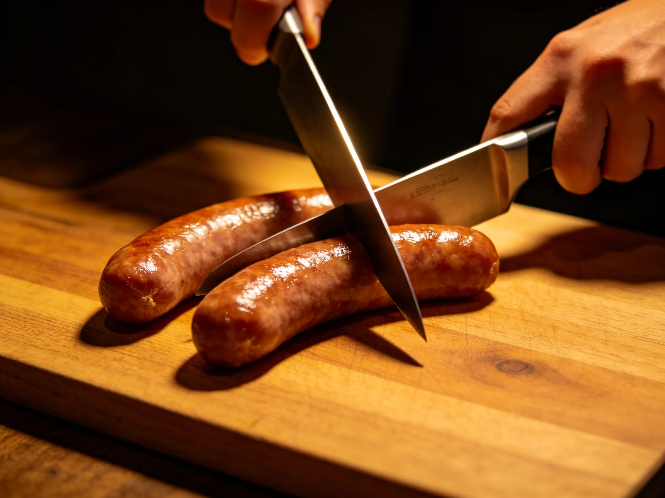 Two glossy brown sausages sliced with knives on a wooden cutting board