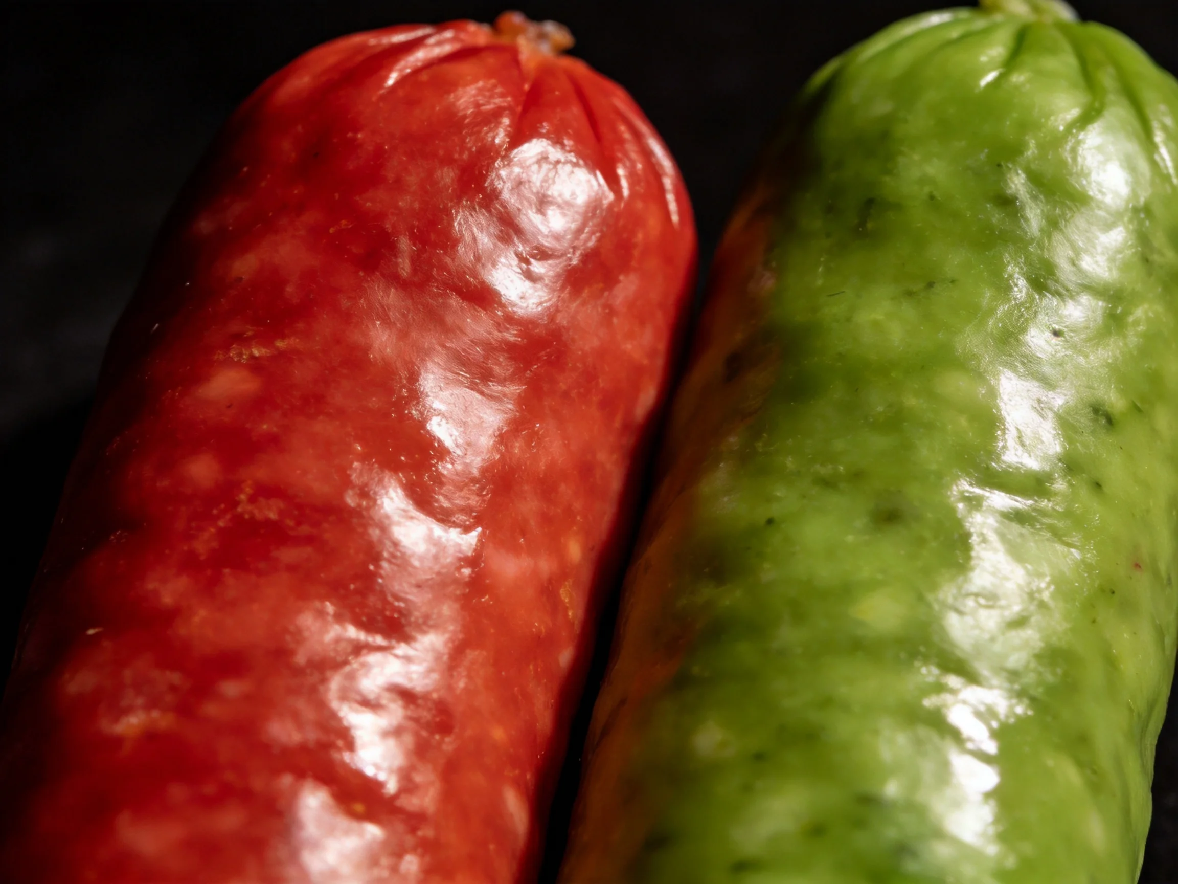Two glossy sausages, one red and one green, displayed side by side