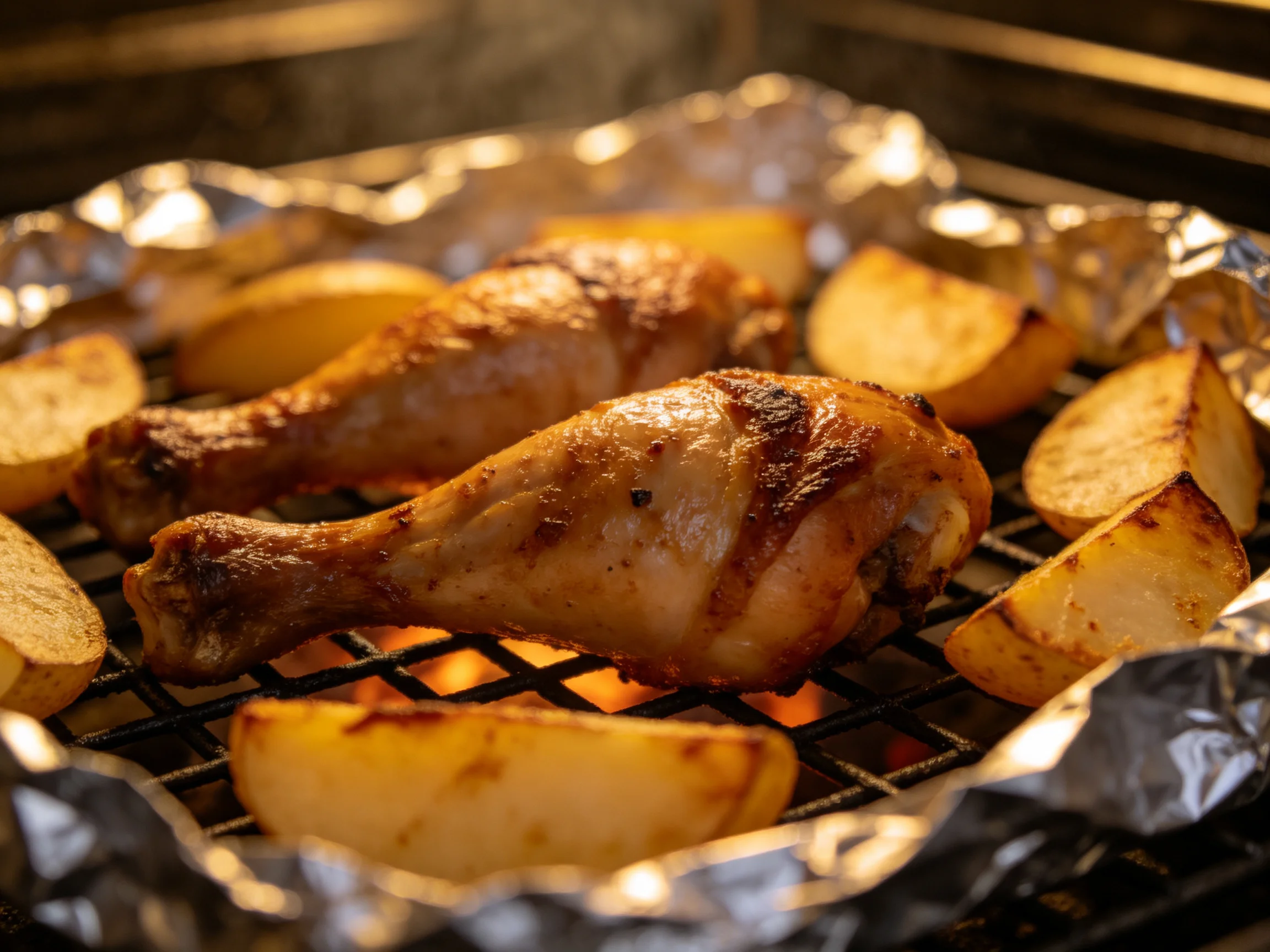Two golden-brown chicken drumsticks roast with seasoned potato wedges
