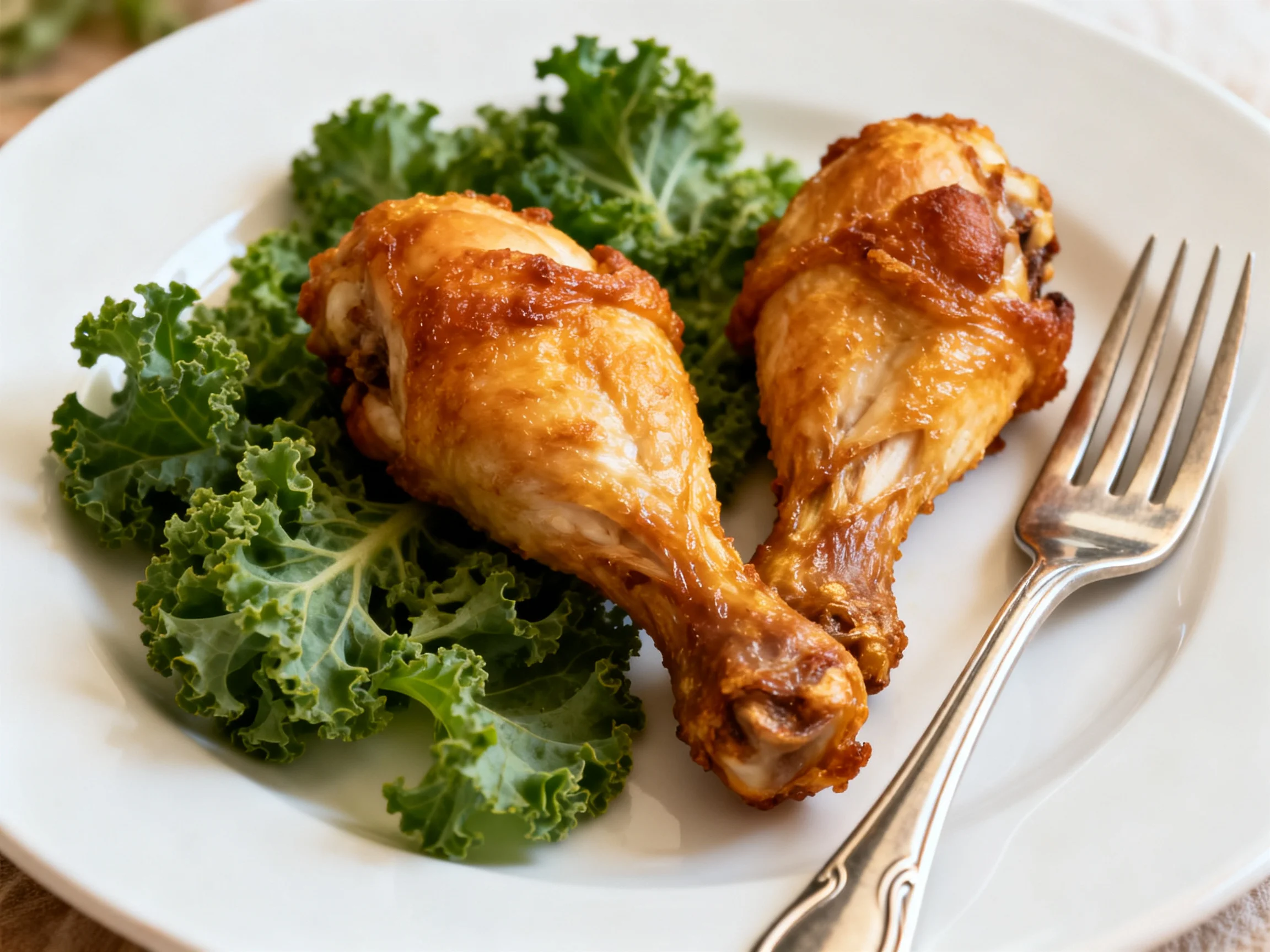Two golden-brown chicken drumsticks served with curly green kale on a white plate