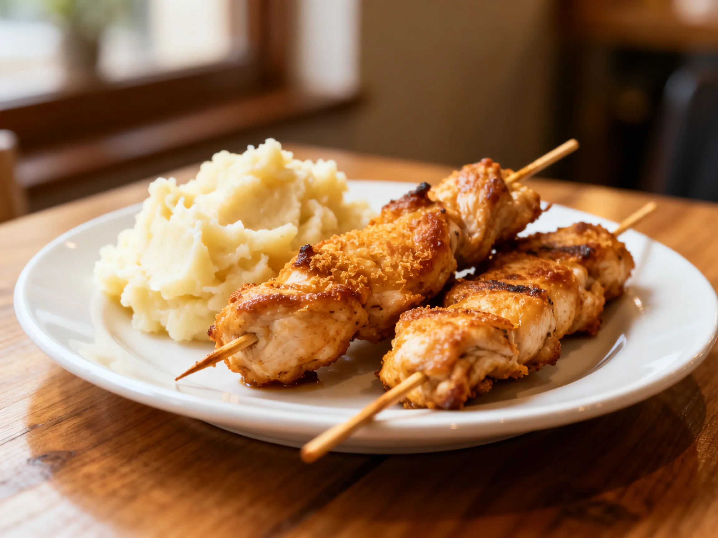 Two golden-brown chicken skewers served with creamy mashed potatoes