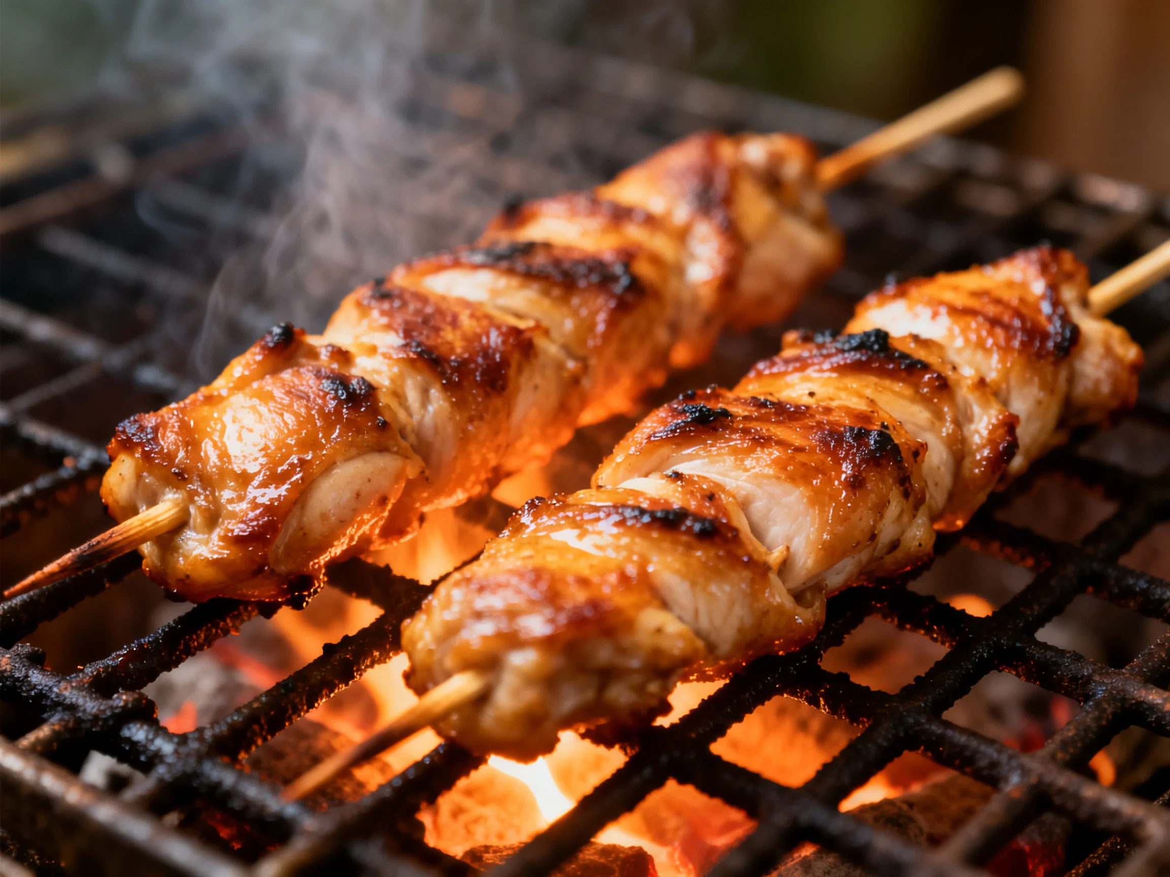 Two golden-brown chicken skewers sizzle over bright orange flames