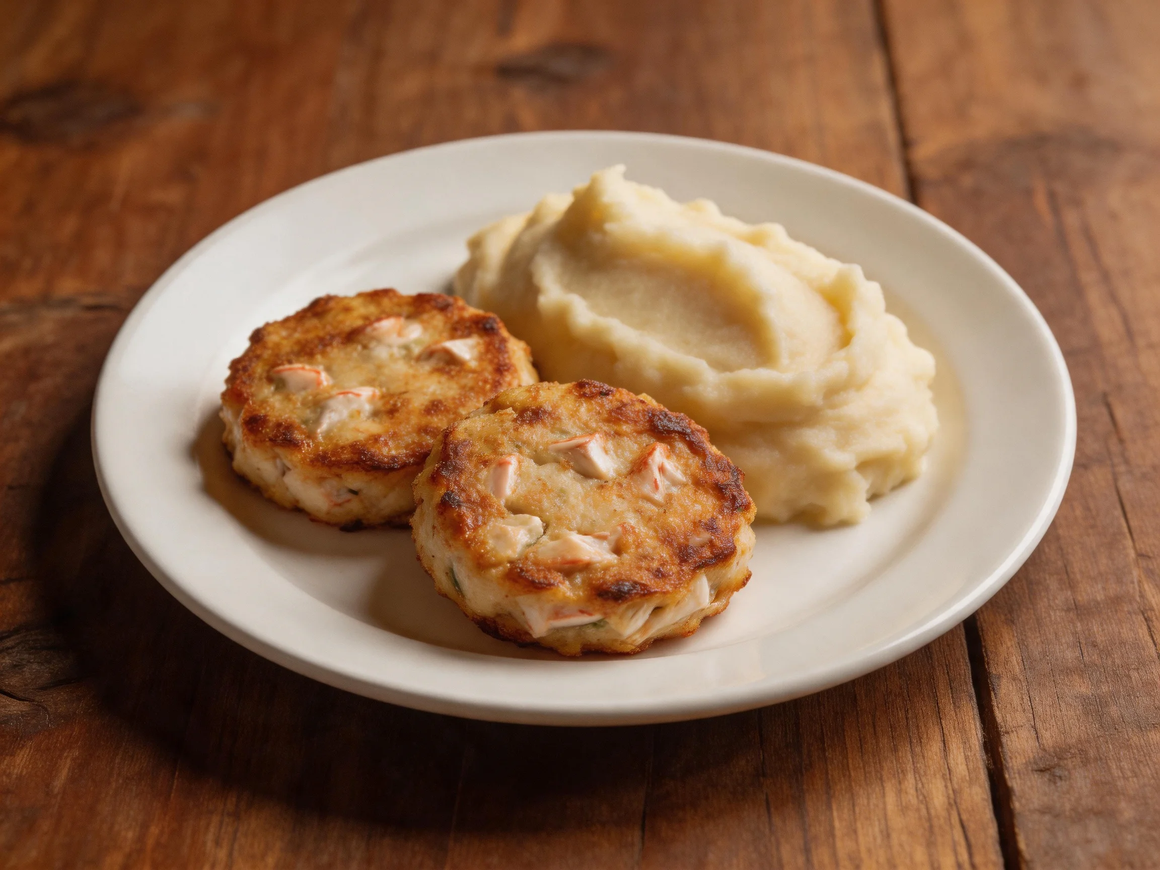 Two golden-brown crab cakes served with creamy mashed potatoes