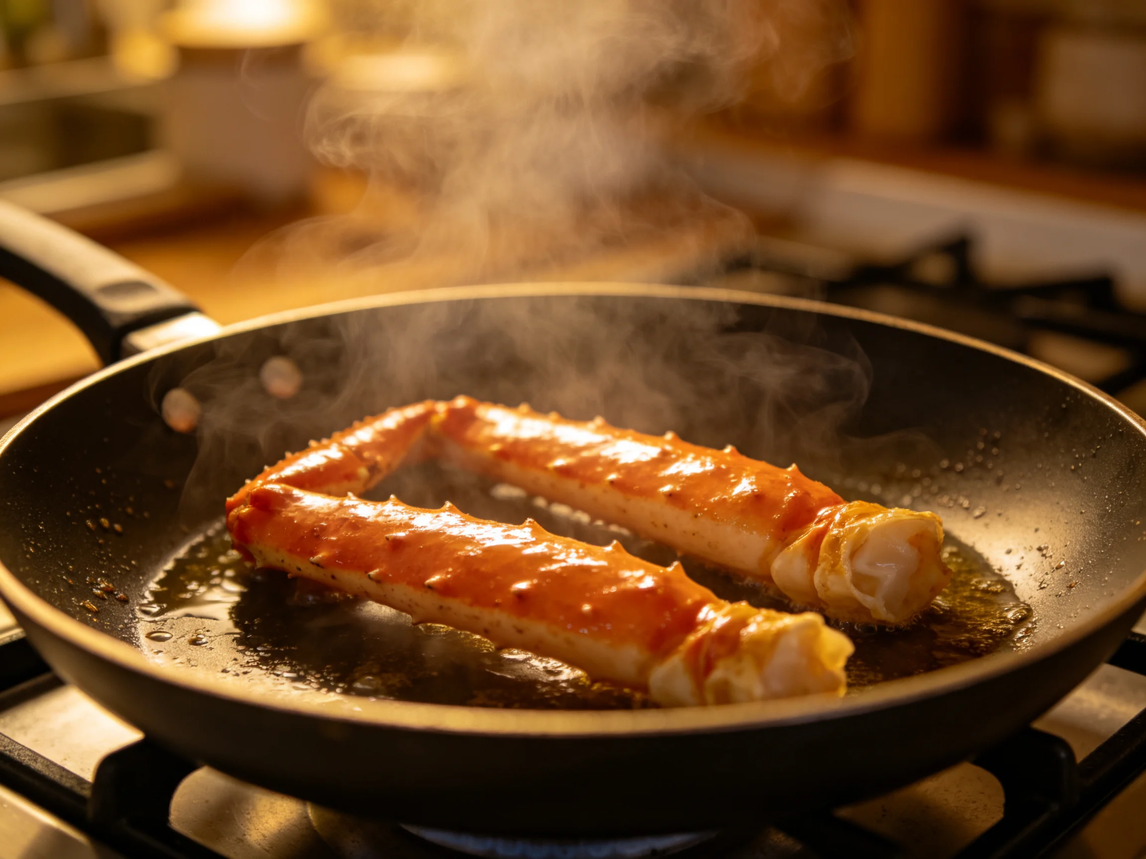 Two golden - brown crab legs sizzling in a black frying pan