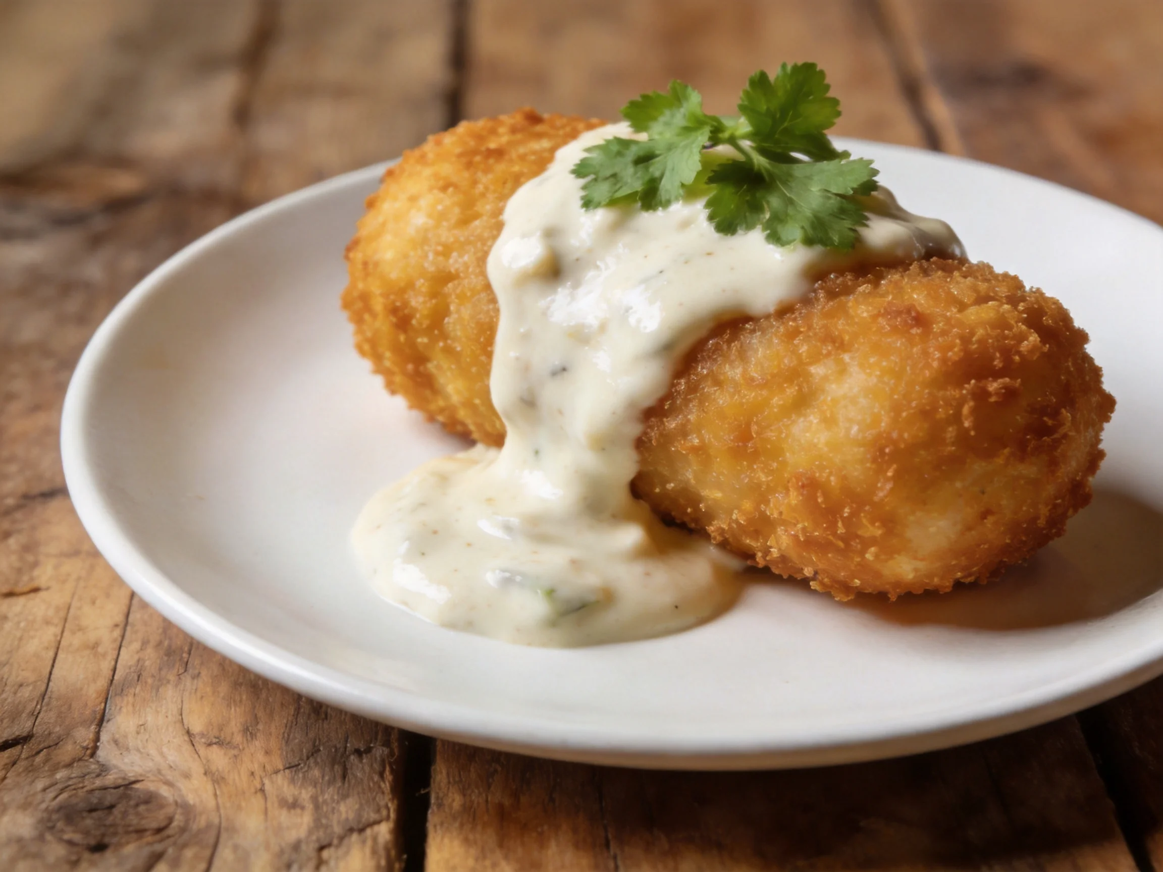 Two golden-brown fried balls topped with creamy white sauce and cilantro