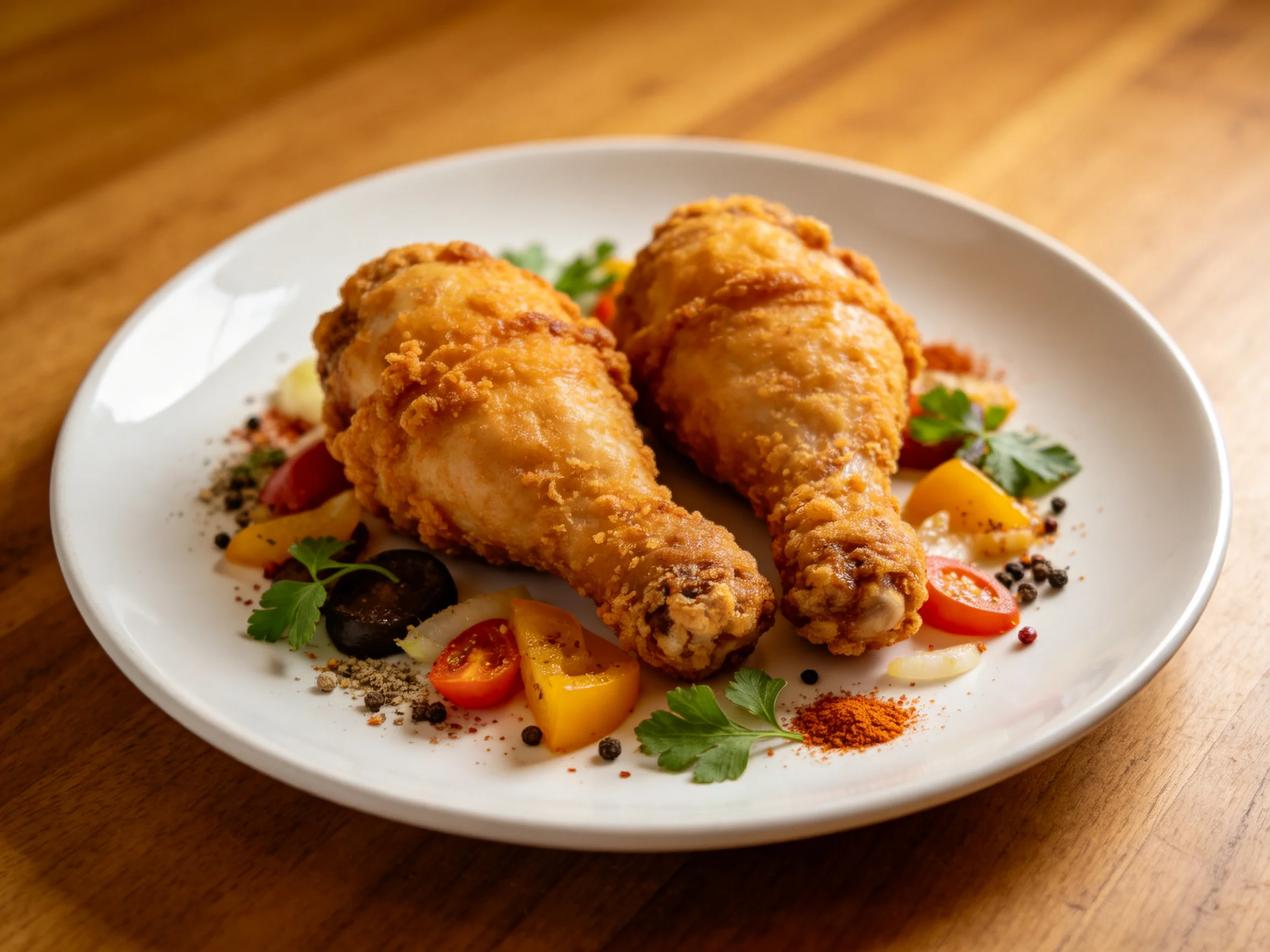 Two golden-brown fried chicken drumsticks served with colorful vegetables and spices