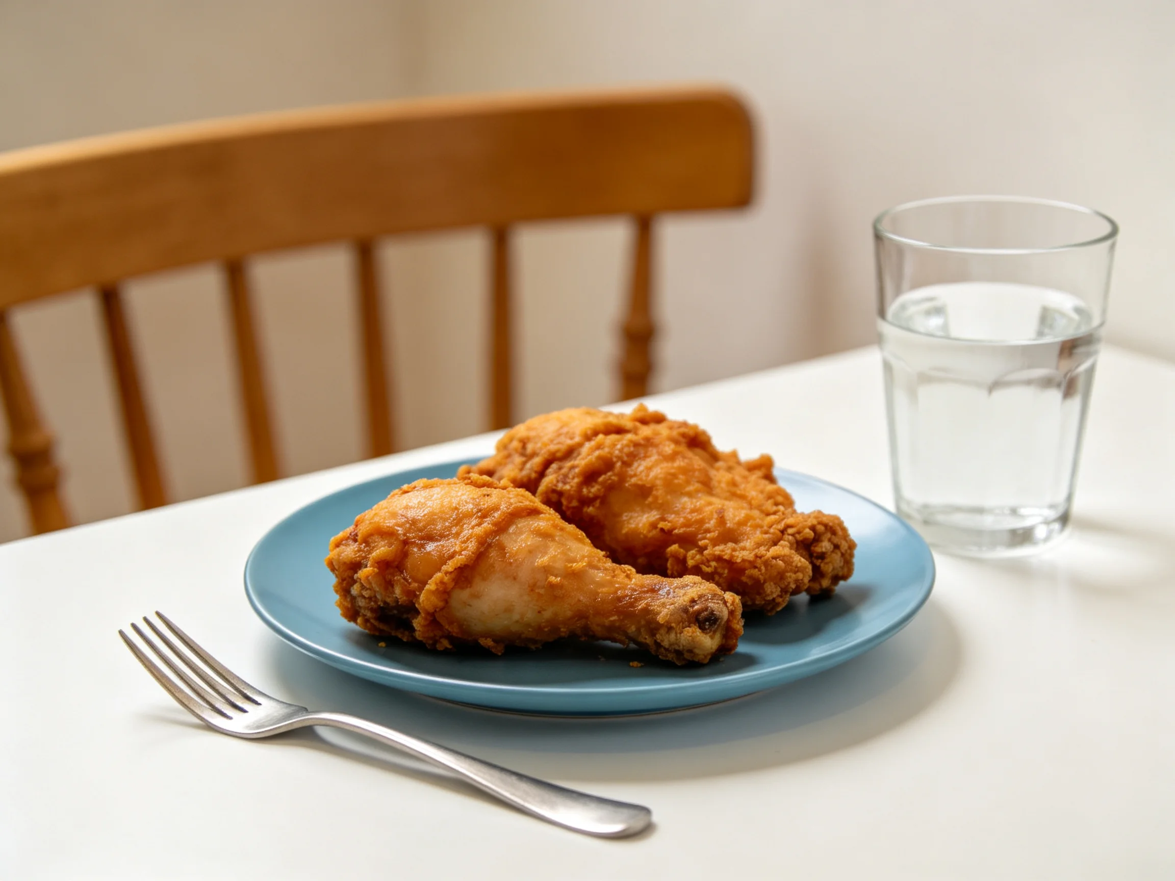 Two golden-brown fried chicken pieces on a blue plate with a glass of water nearby