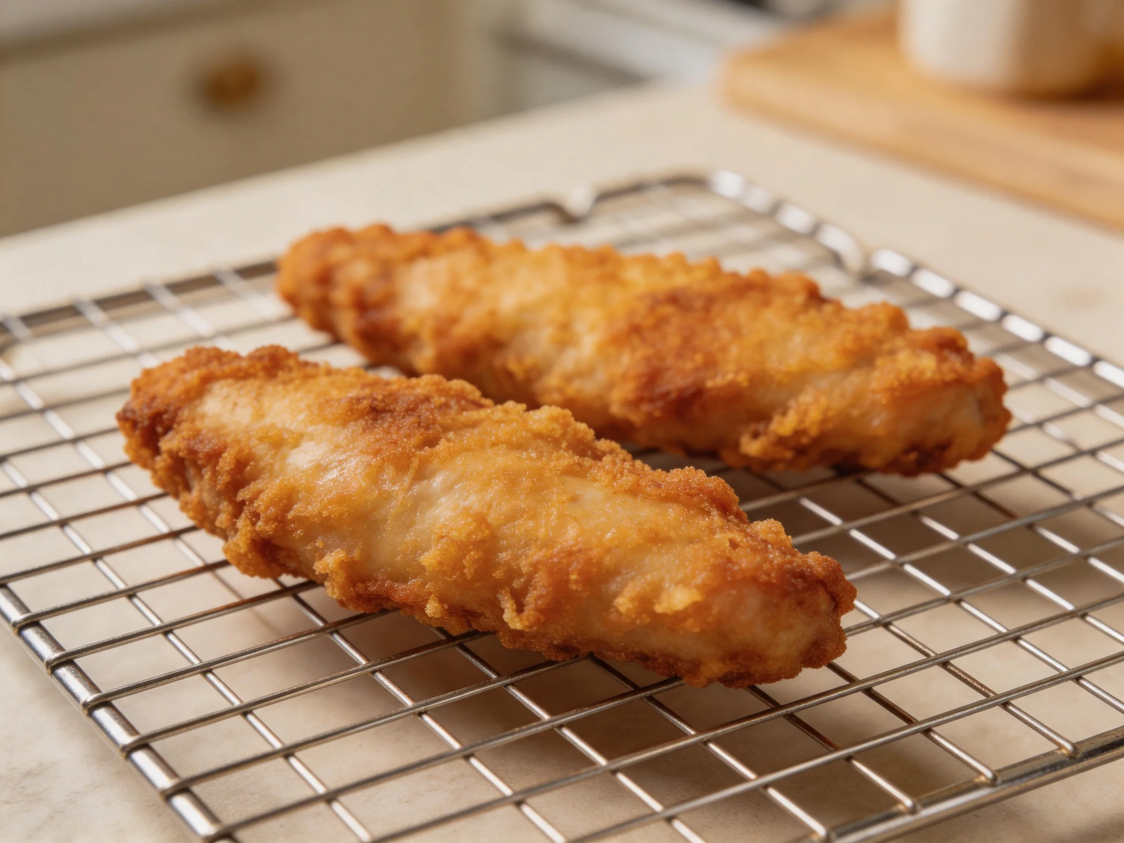 Two golden-brown fried chicken tenders rest on a metal cooling rack
