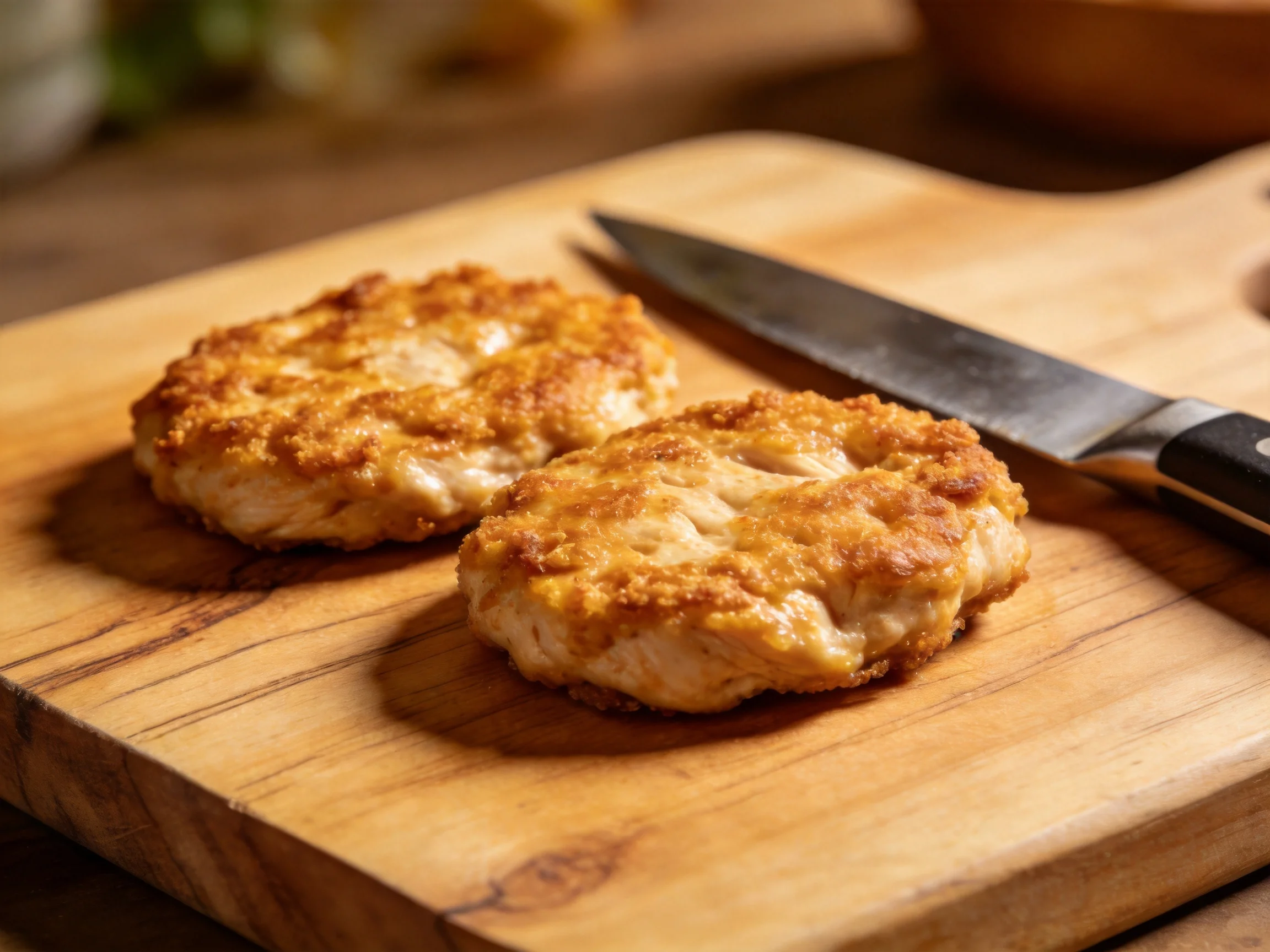 Two golden-brown fried patties on a wooden cutting board with a knife