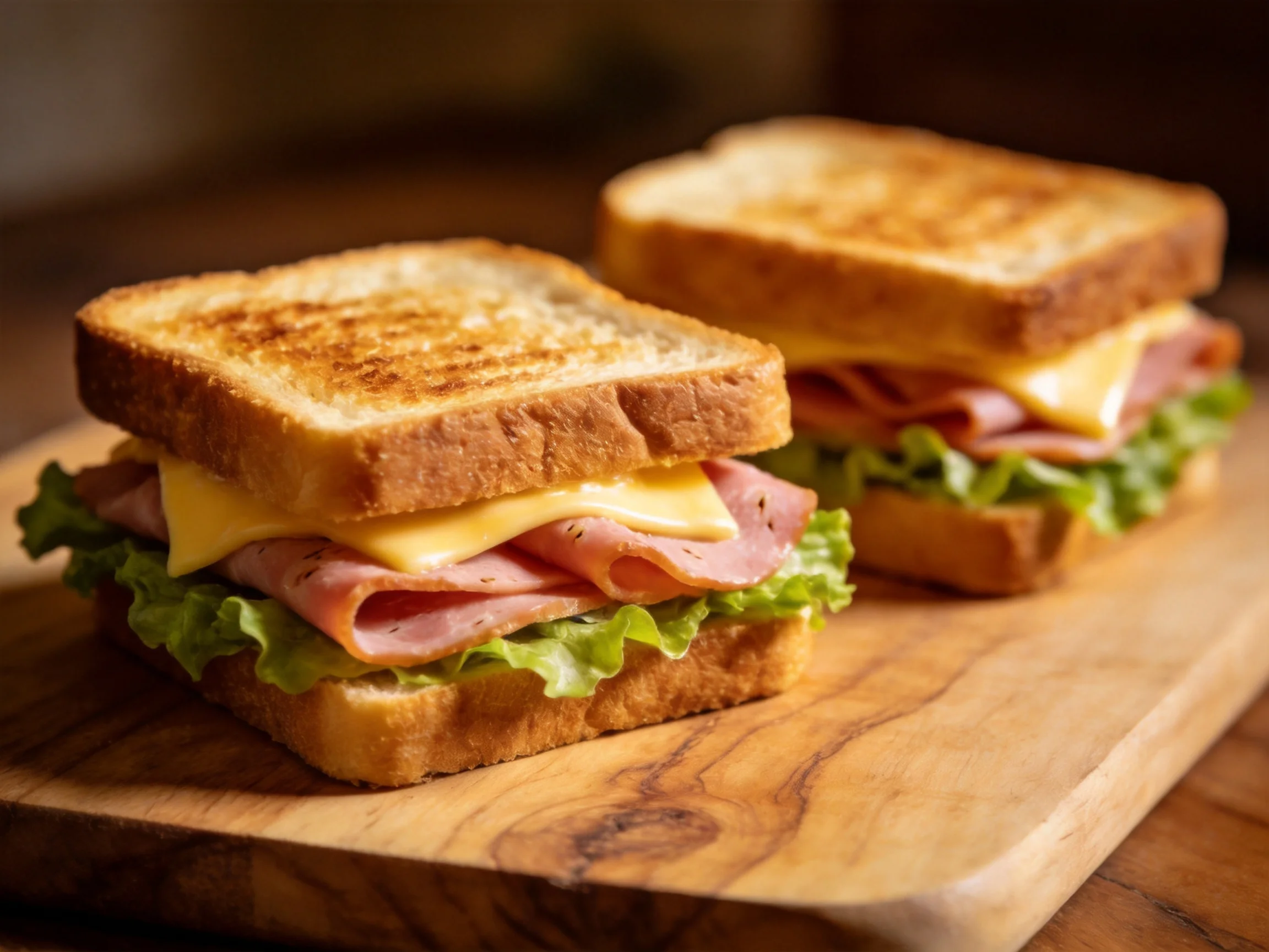 Two golden-brown grilled ham and cheese sandwiches with fresh lettuce