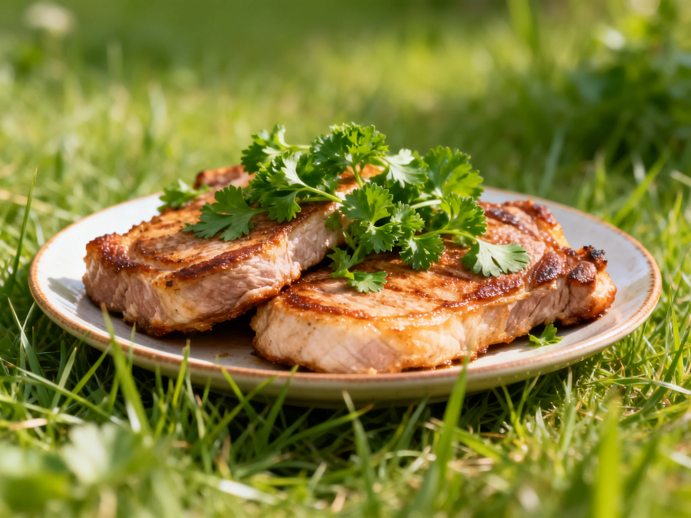 Two golden-brown grilled steaks garnished with fresh green herbs on a ceramic plate