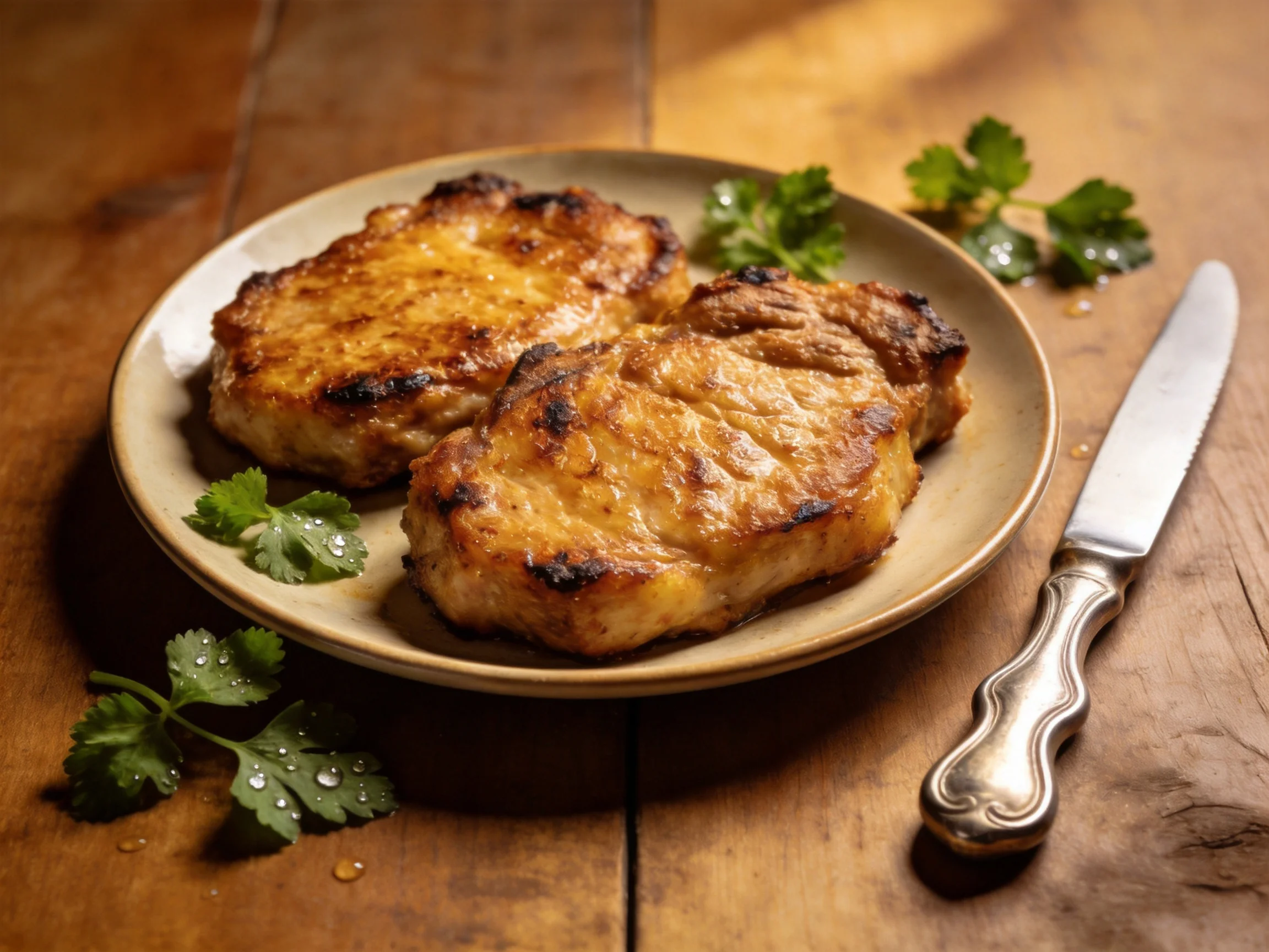 Two golden-brown pan-seared pork chops on a beige plate