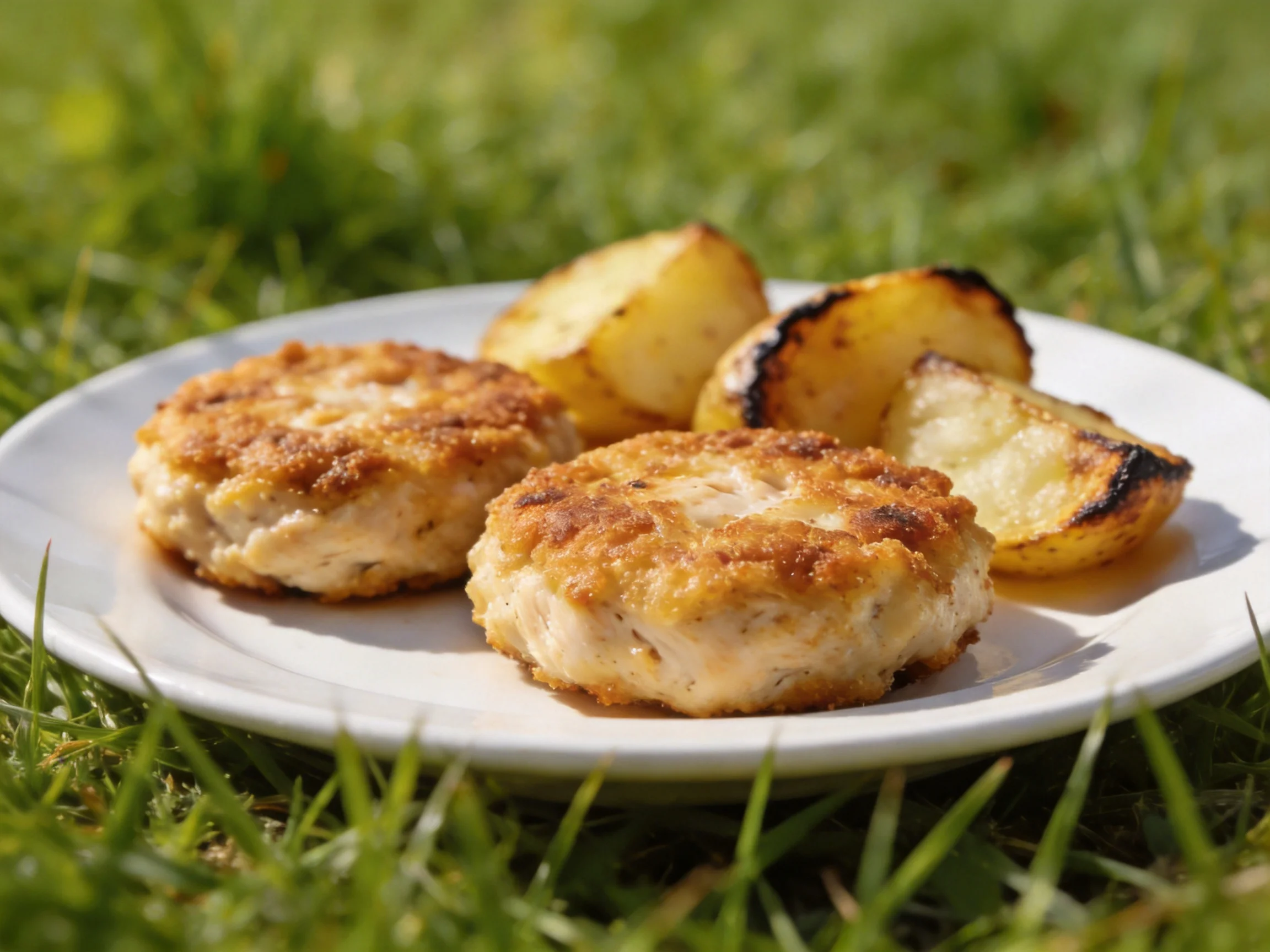 Two golden-brown patties and roasted potato wedges on a white plate outdoors
