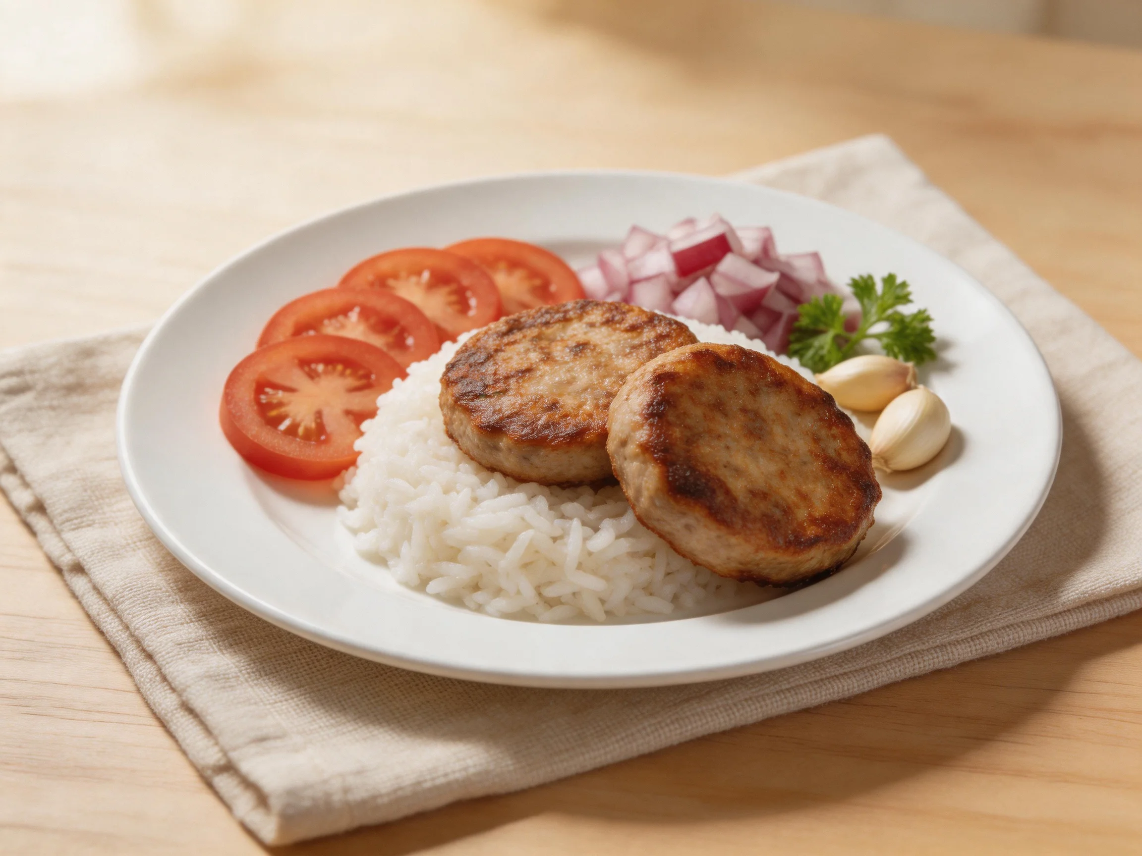 Two golden-brown patties atop fluffy white rice with sliced red tomatoes