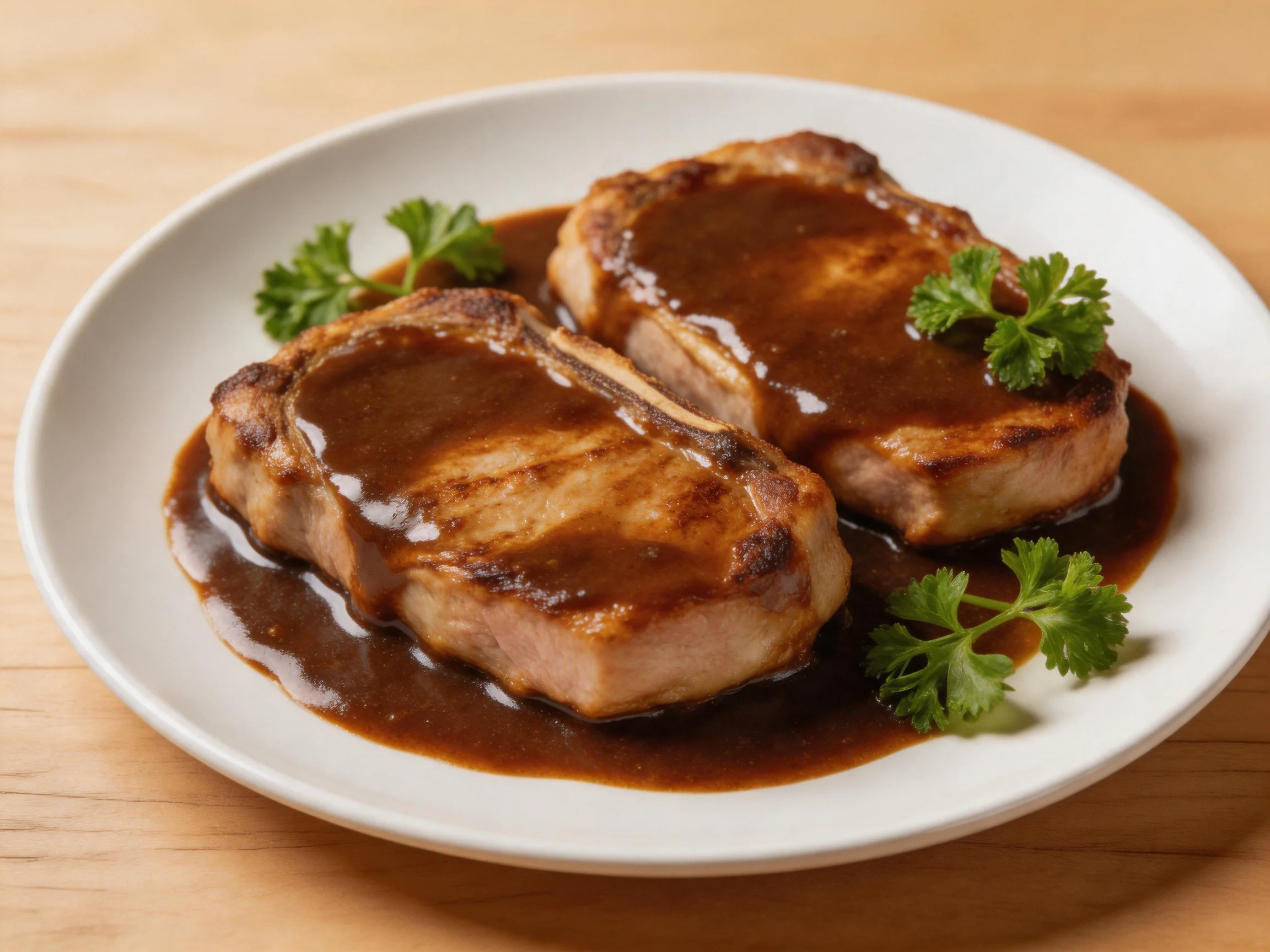 Two golden-brown pork chops with rich brown gravy on a white plate