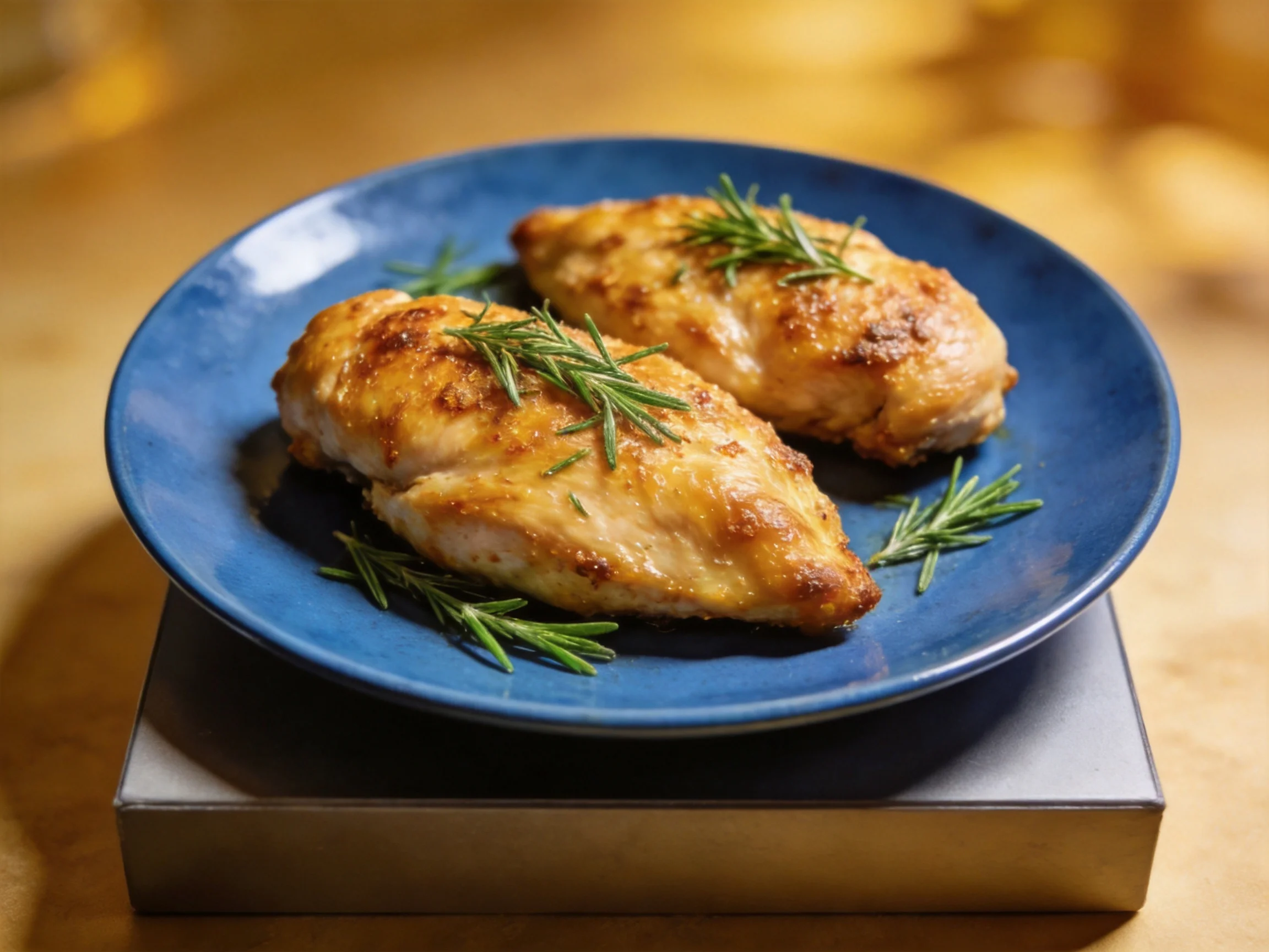 Two golden-brown roasted chicken breasts on a deep blue plate with rosemary garnish