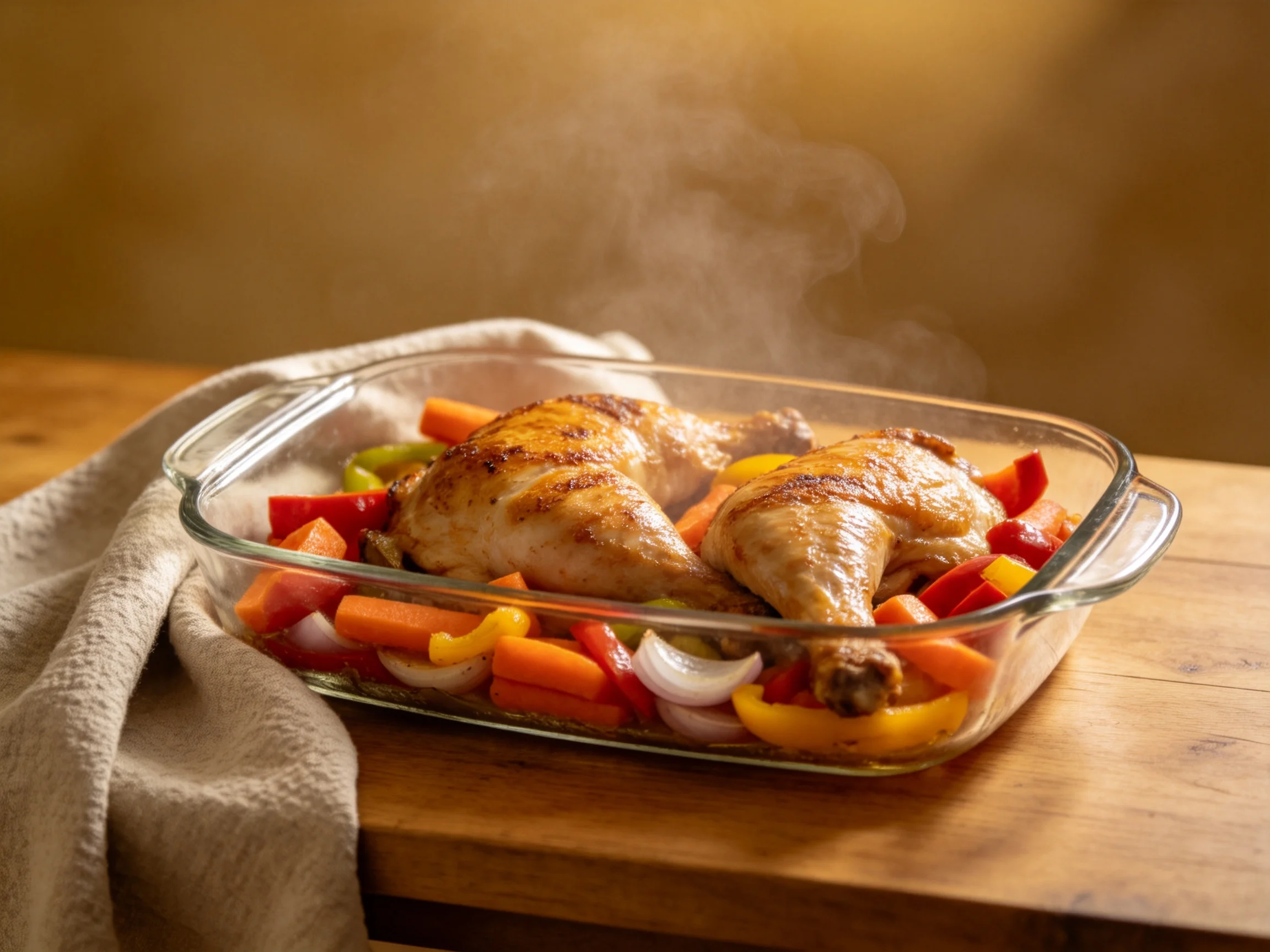 Two golden-brown roasted chickens with colorful vegetables in a glass baking dish