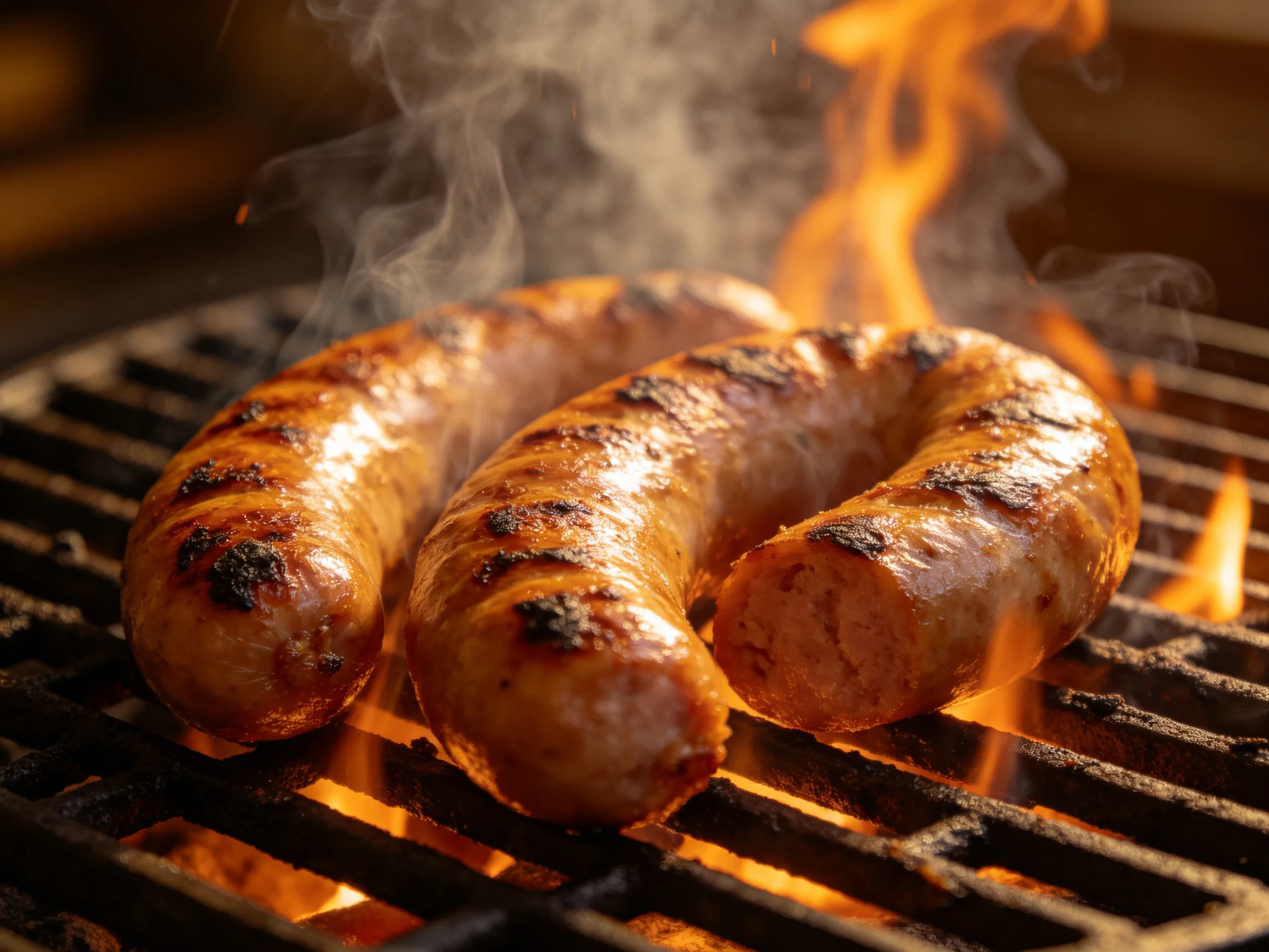 Two golden-brown sausages sizzle over bright orange flames