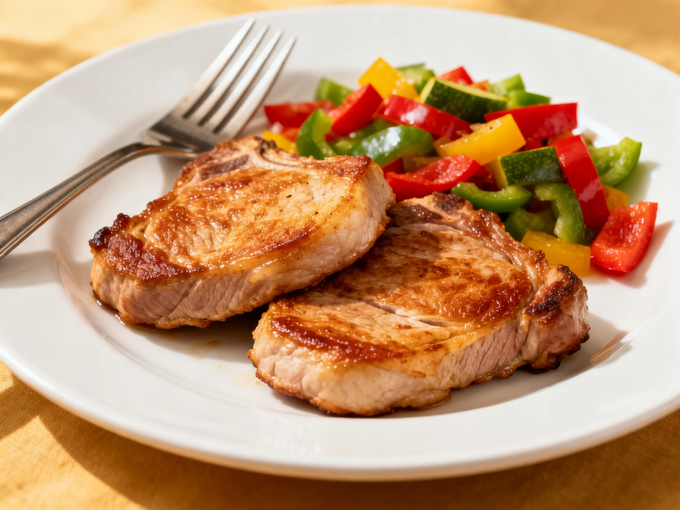 Two golden-brown seared pork chops with vibrant mixed vegetables